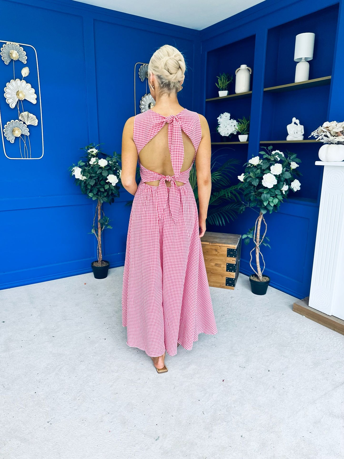 Daphne Bow Back Midi Dress Check Red