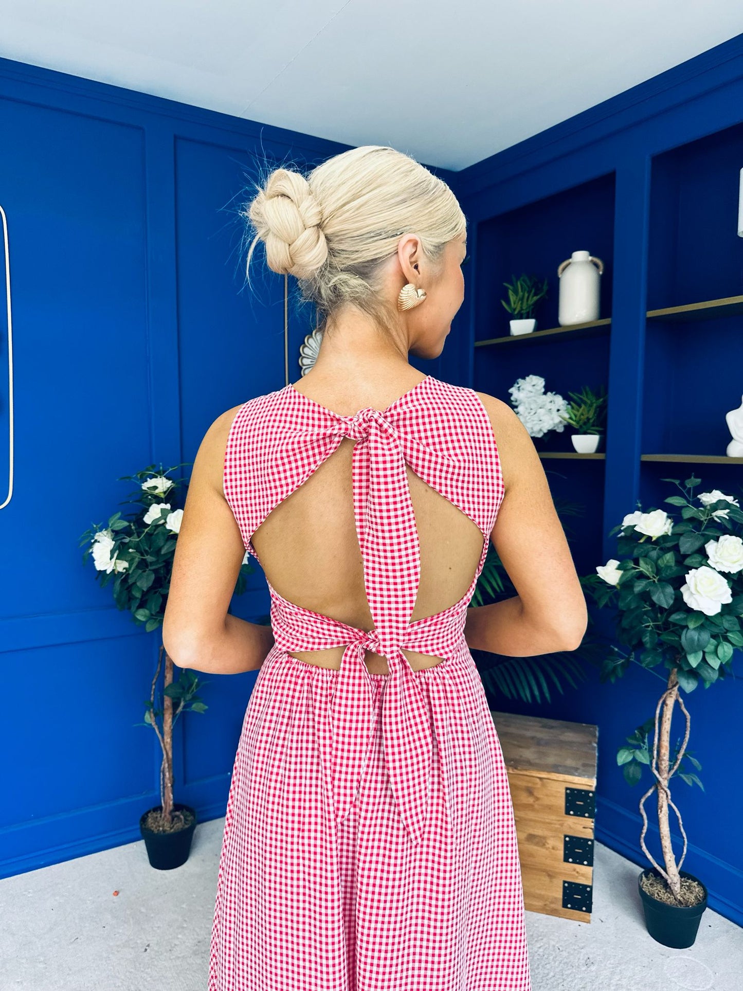 Daphne Bow Back Midi Dress Check Red