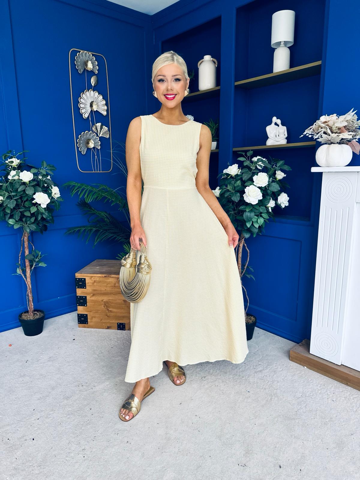 Daphne Bow Back Midi Dress Check Yellow