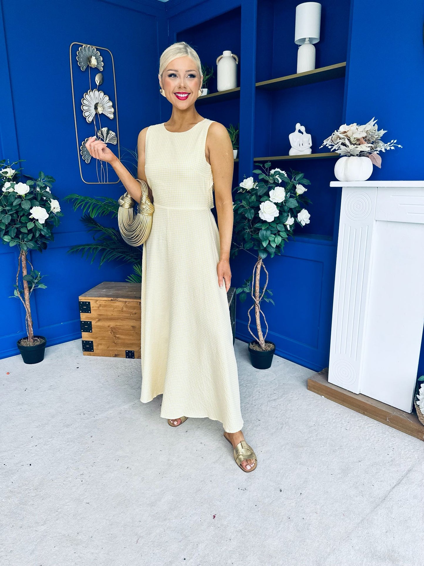 Daphne Bow Back Midi Dress Check Yellow