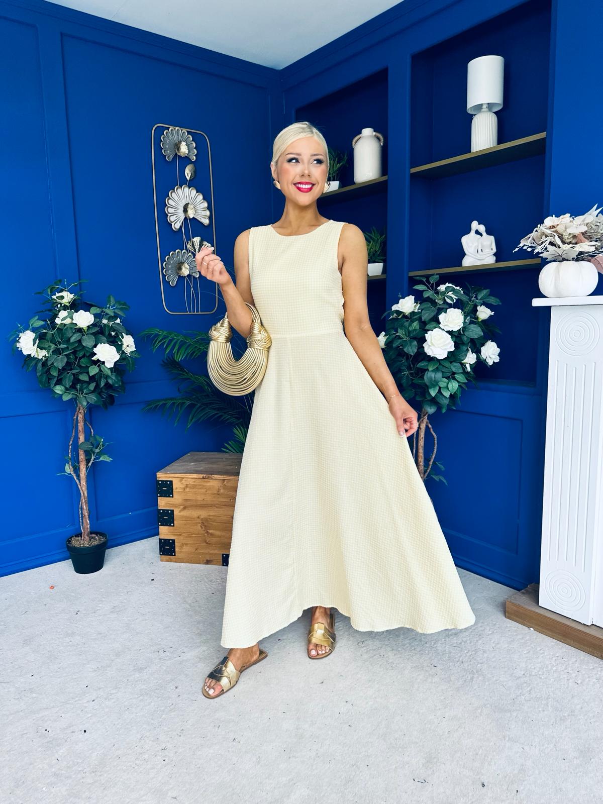 Daphne Bow Back Midi Dress Check Yellow