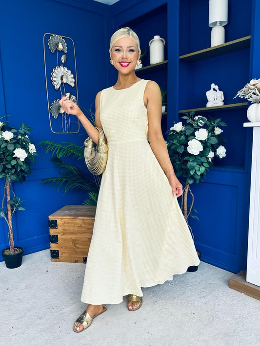 Daphne Bow Back Midi Dress Check Yellow