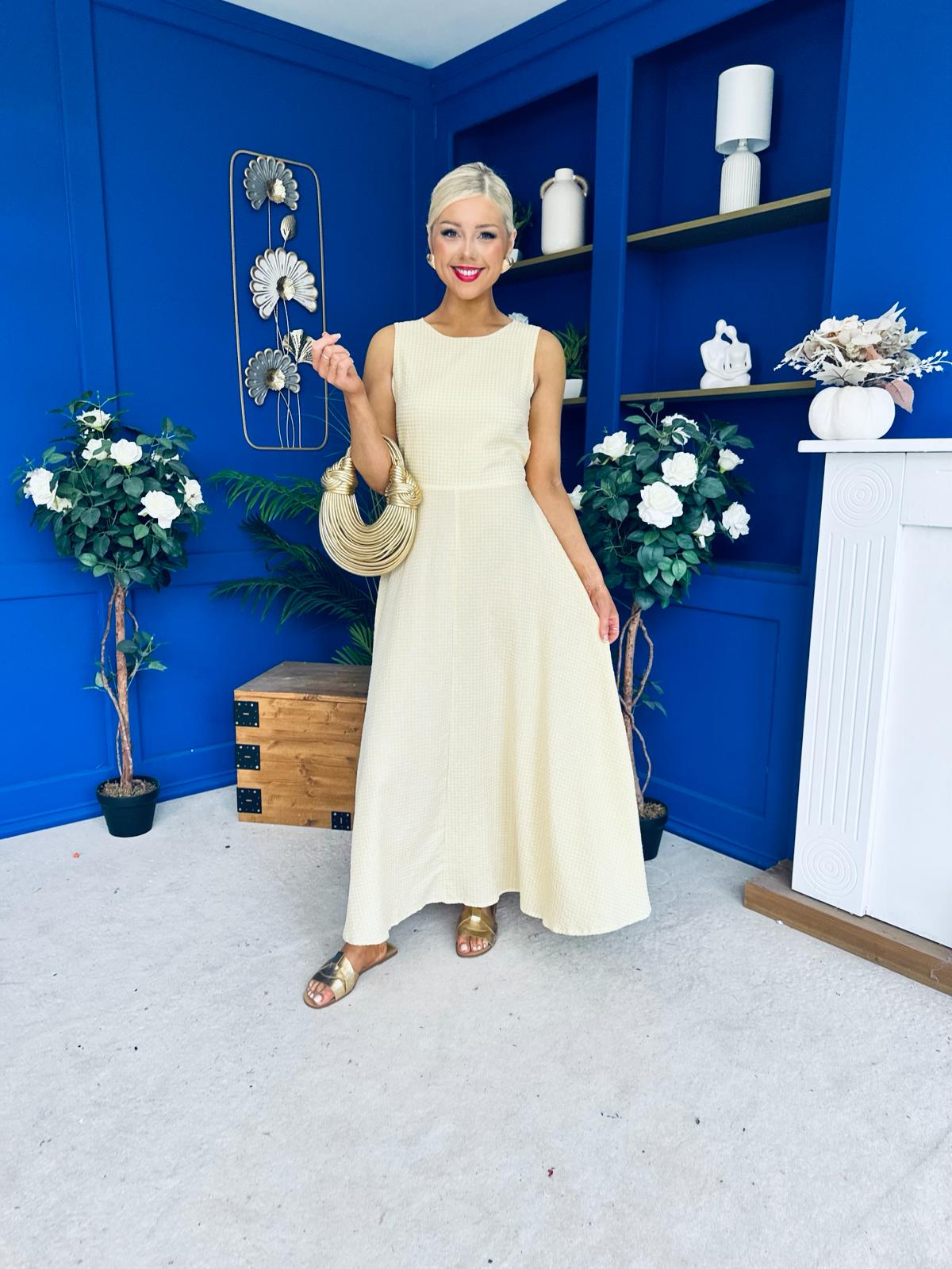 Daphne Bow Back Midi Dress Check Yellow