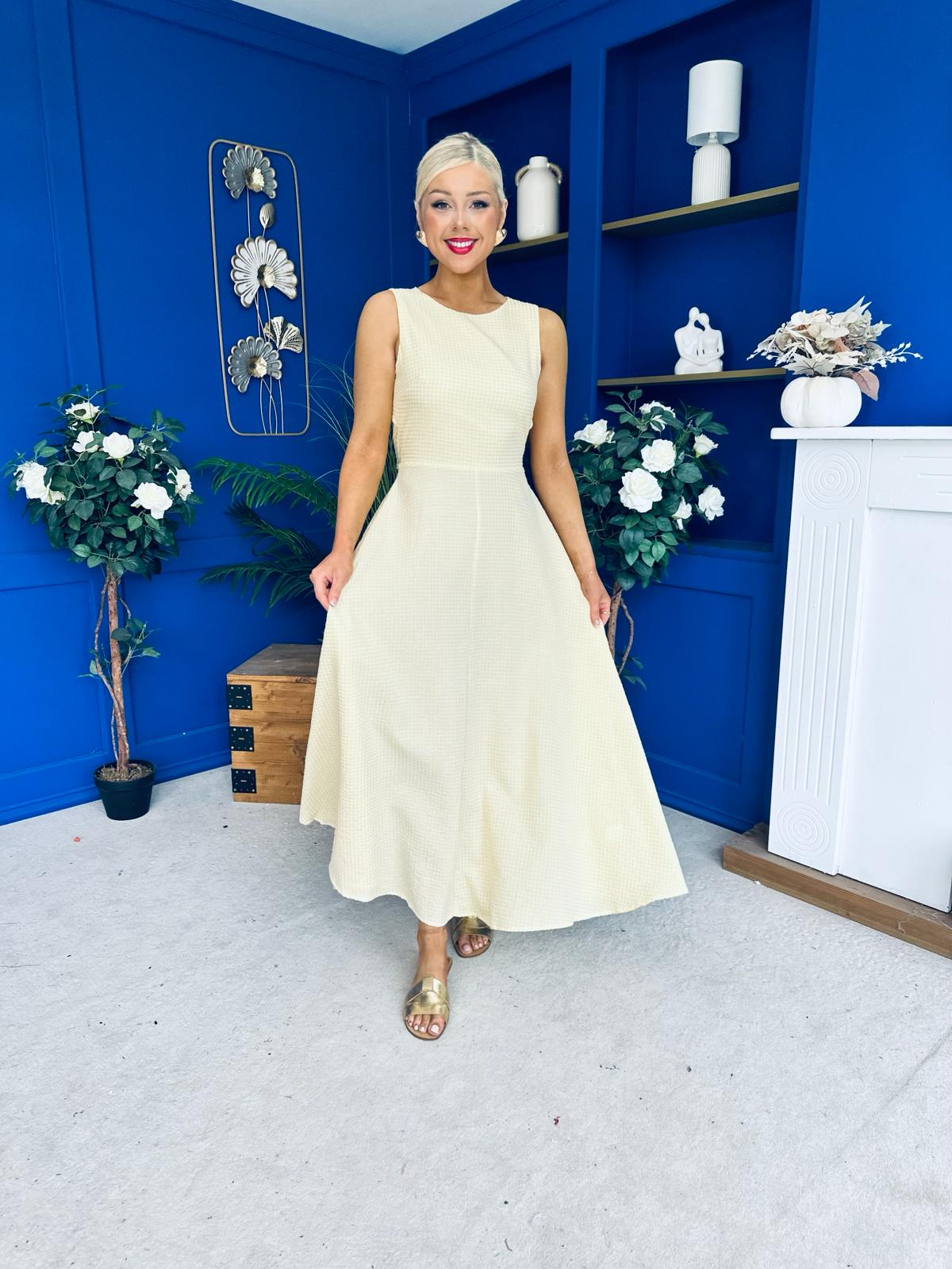 Daphne Bow Back Midi Dress Check Yellow