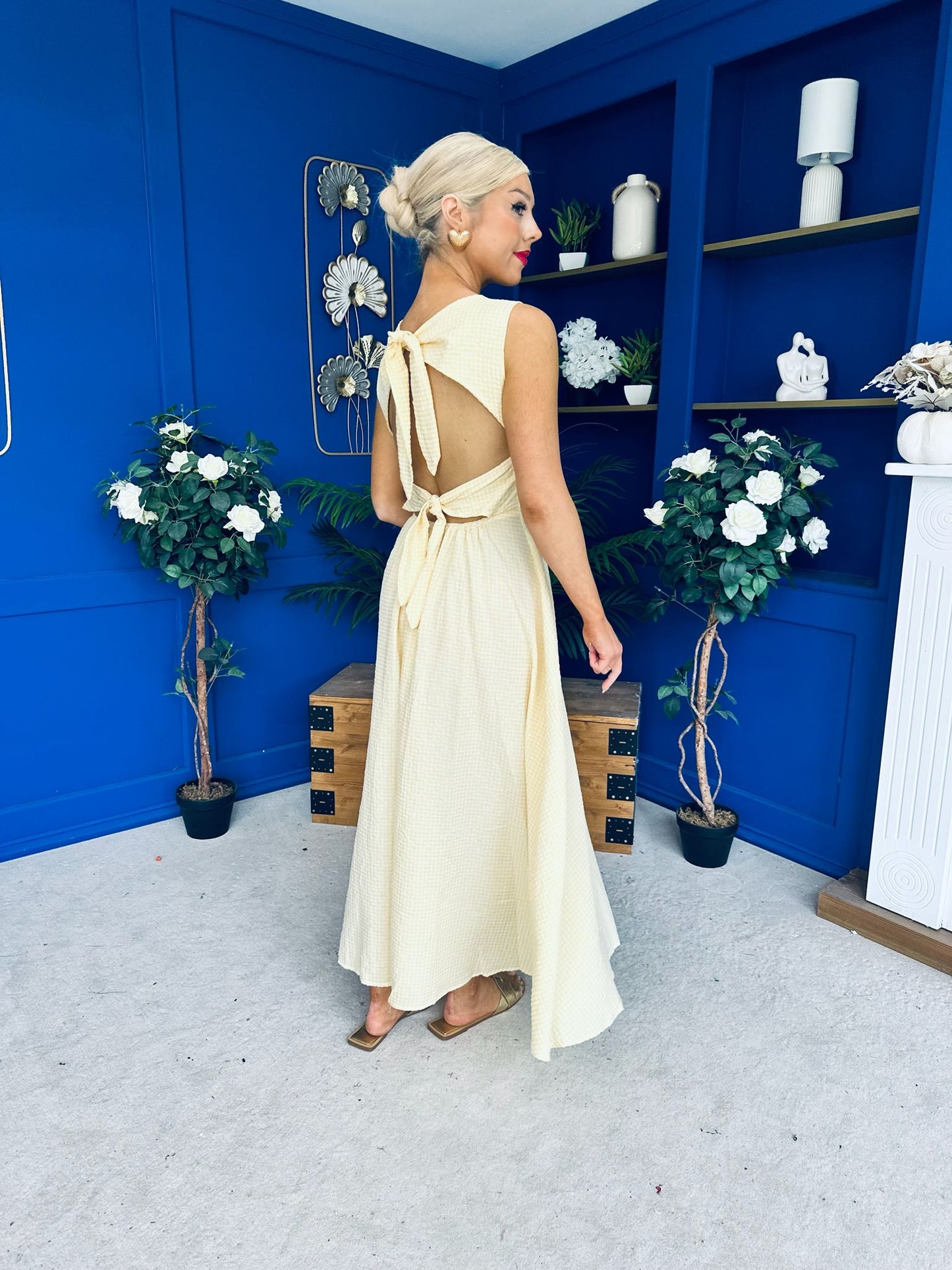 Daphne Bow Back Midi Dress Check Yellow