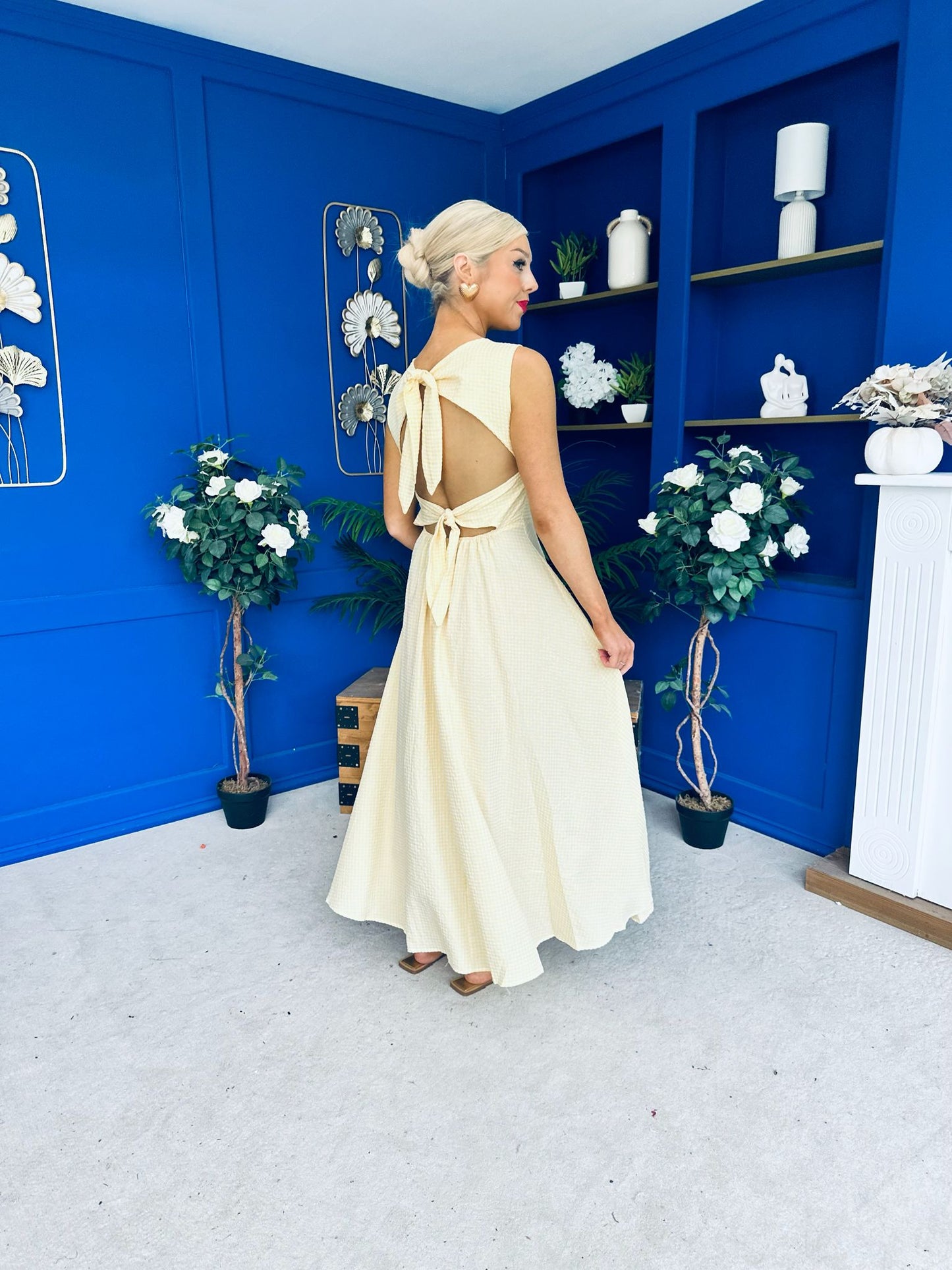 Daphne Bow Back Midi Dress Check Yellow