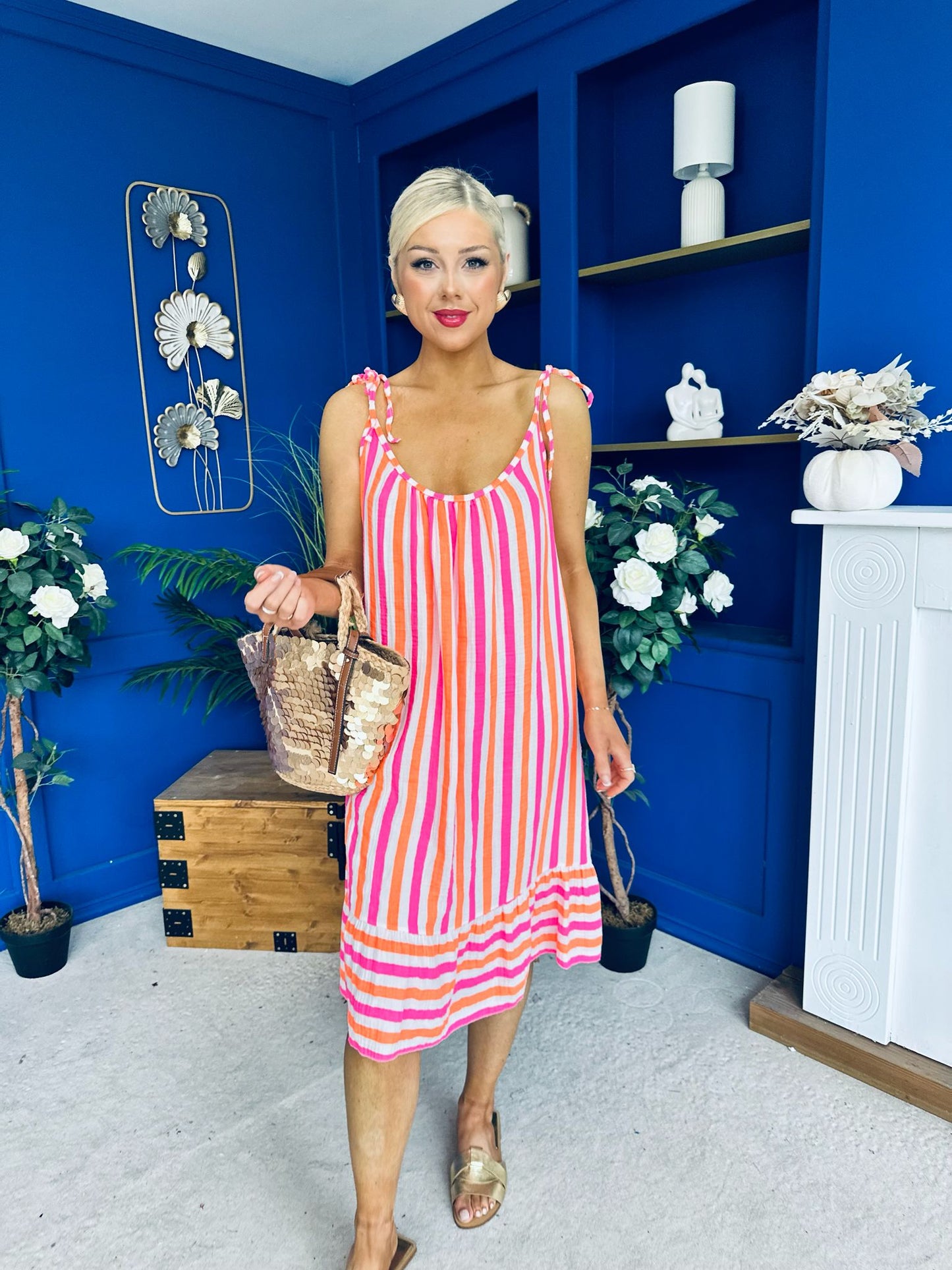Hilda Striped Para Midi Dress Dress Coral