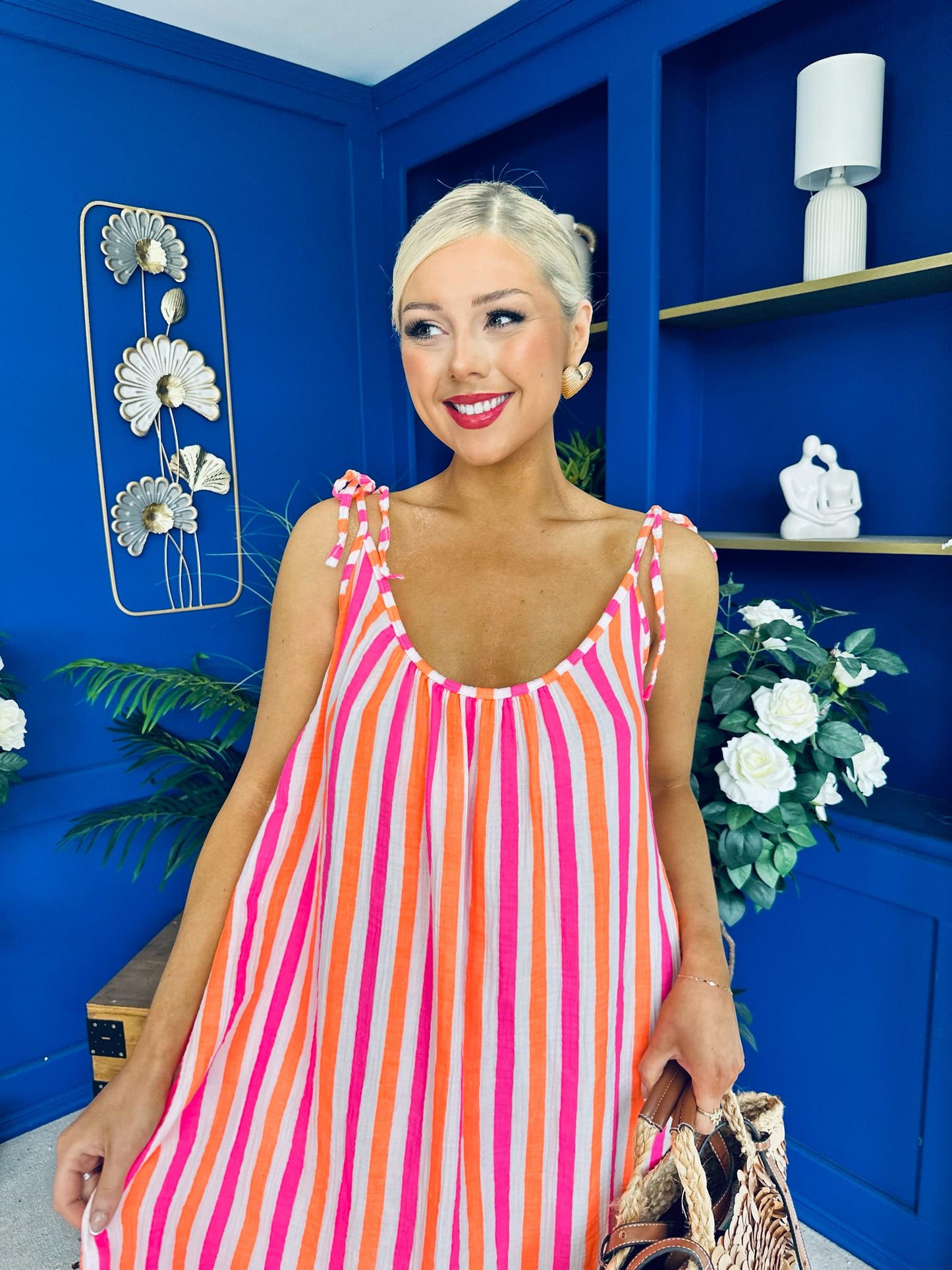 Hilda Striped Para Midi Dress Dress Coral