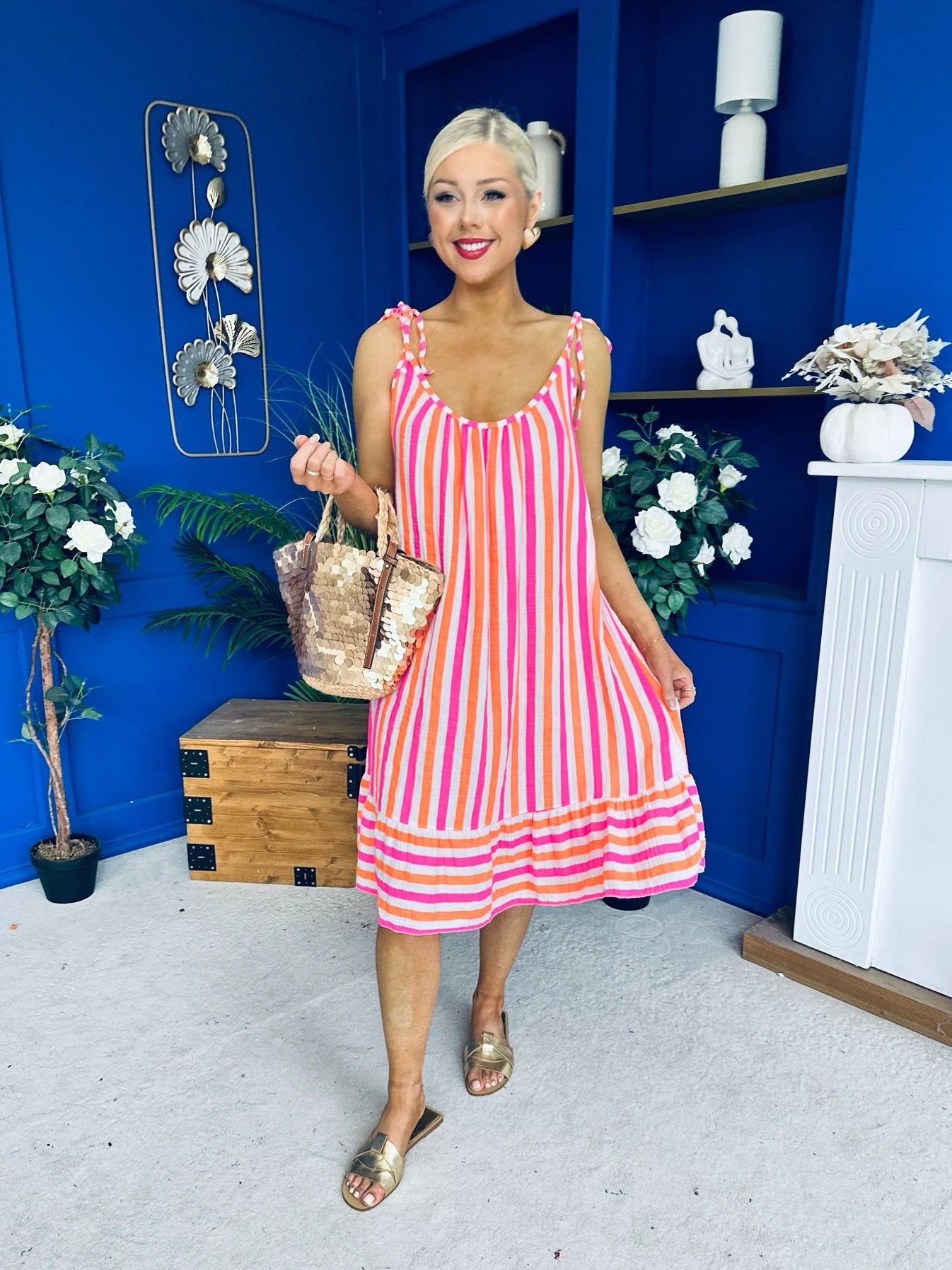 Hilda Striped Para Midi Dress Dress Coral