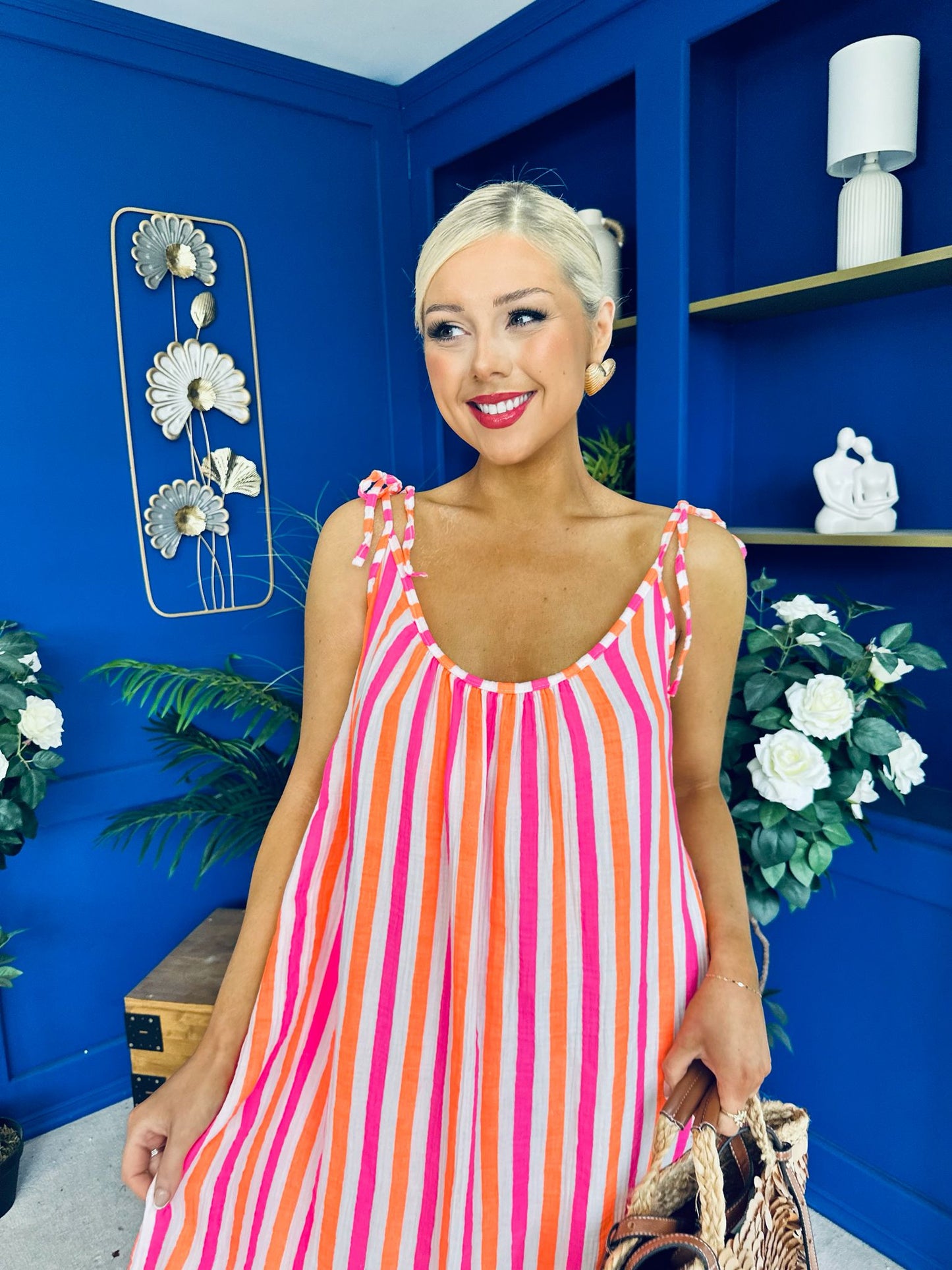 Hilda Striped Para Midi Dress Dress Coral