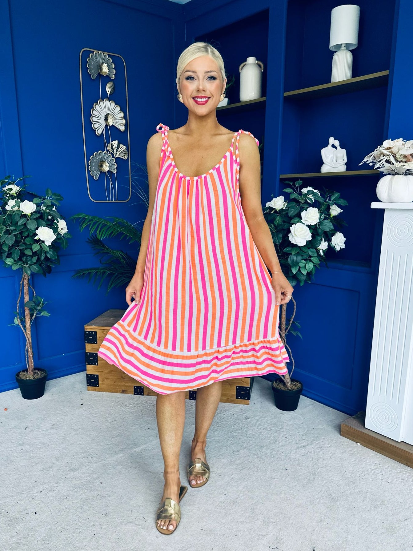 Hilda Striped Para Midi Dress Dress Coral