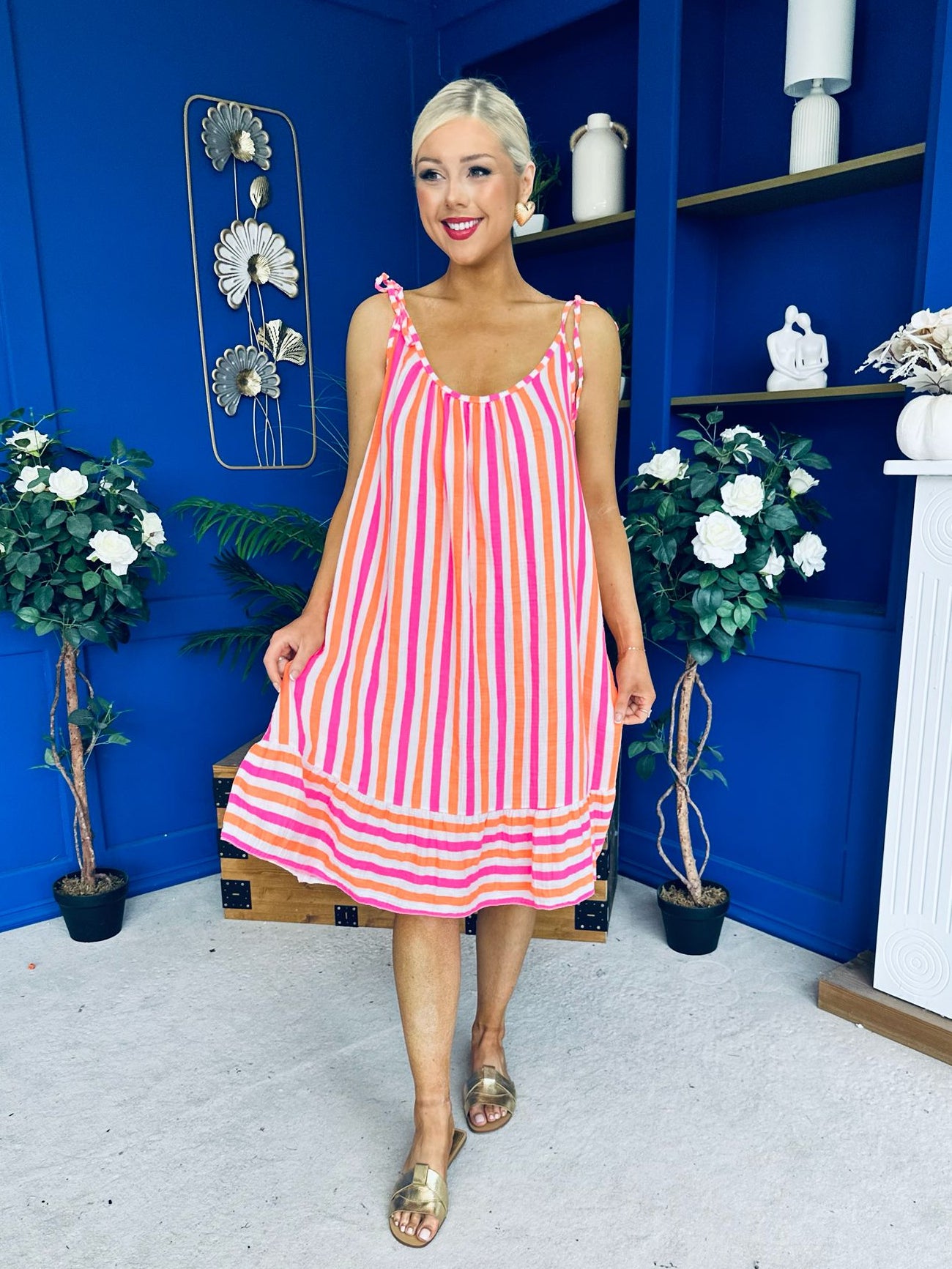 Hilda Striped Para Midi Dress Dress Coral