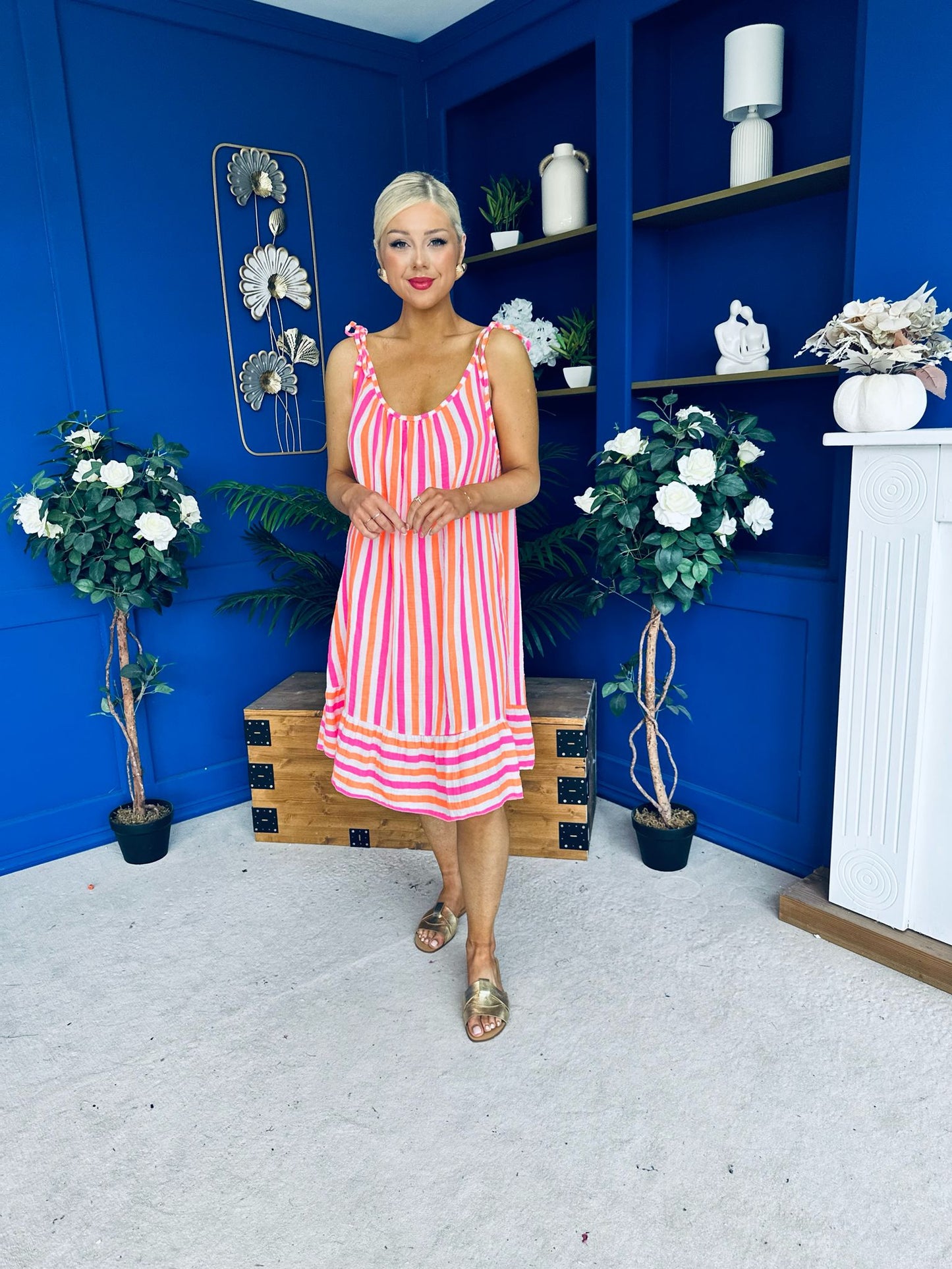 Hilda Striped Para Midi Dress Dress Coral