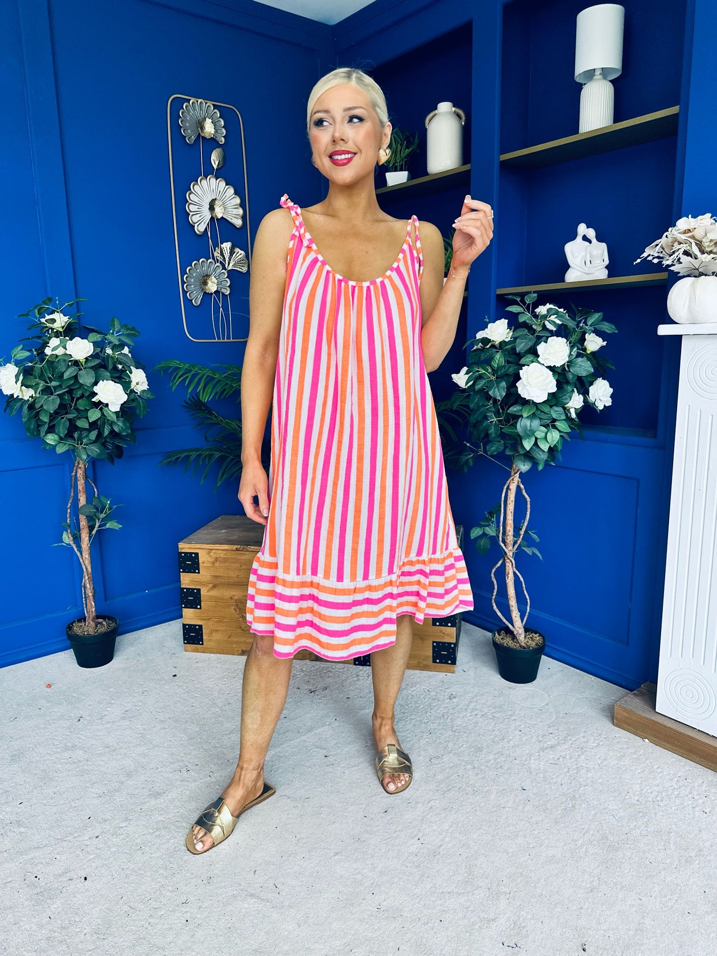 Hilda Striped Para Midi Dress Dress Coral