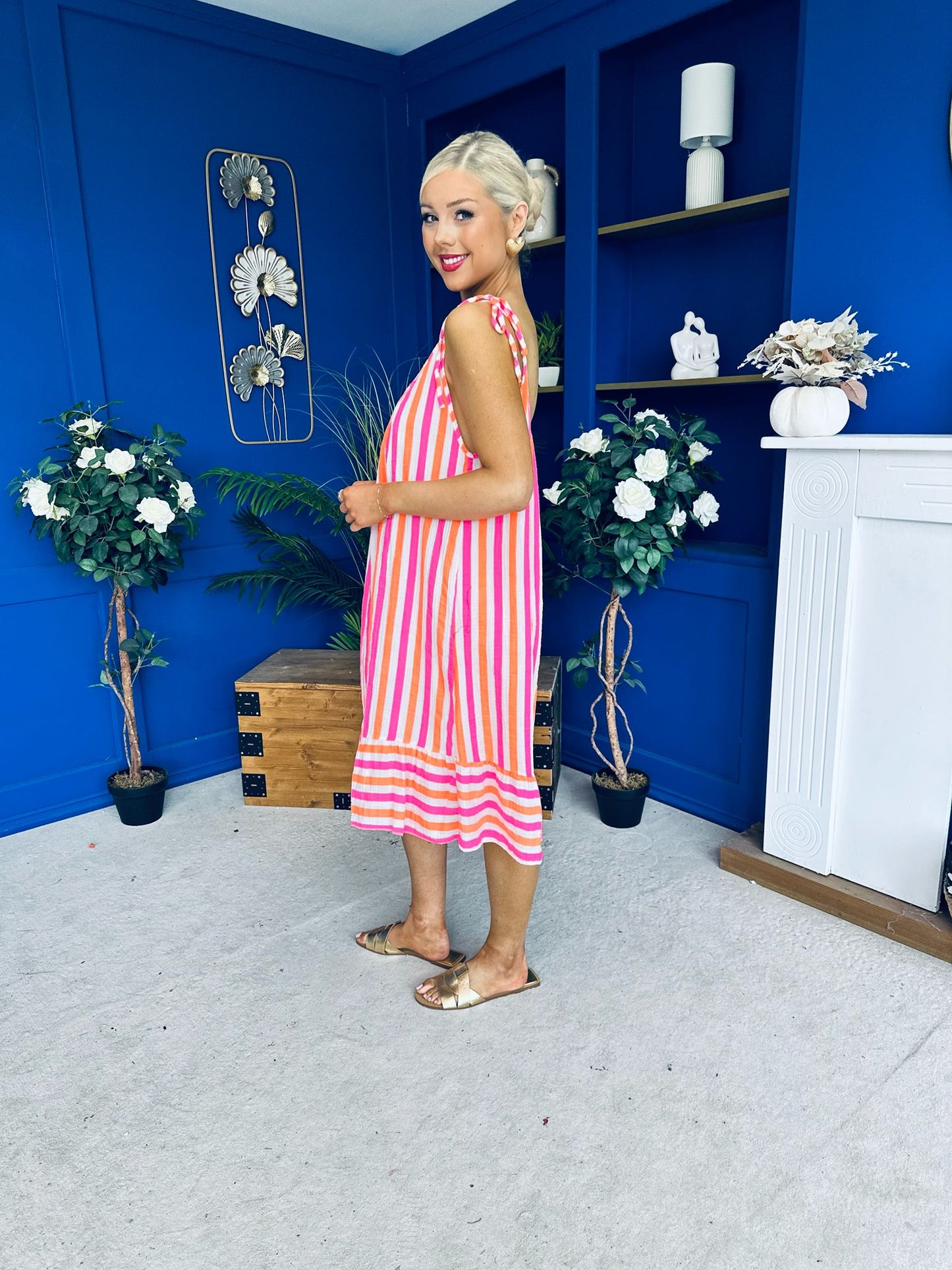 Hilda Striped Para Midi Dress Dress Coral