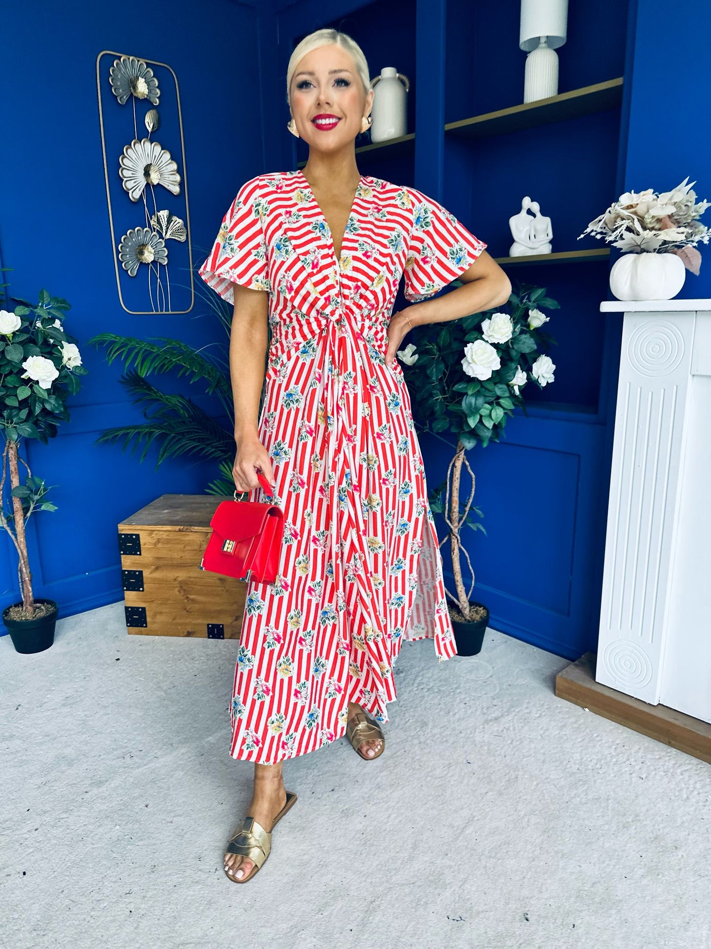Skylar Twist Detail Midi Dress Striped Floral Red