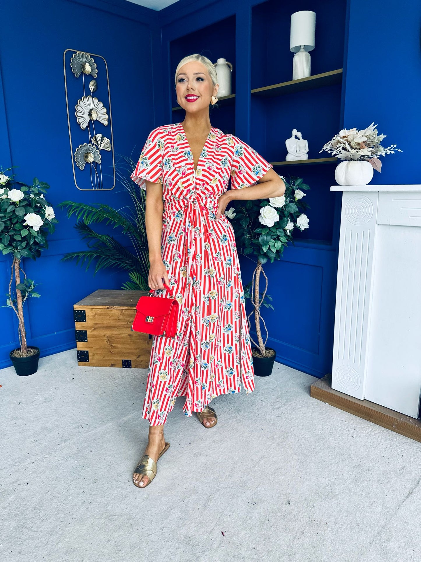 Skylar Twist Detail Midi Dress Striped Floral Red