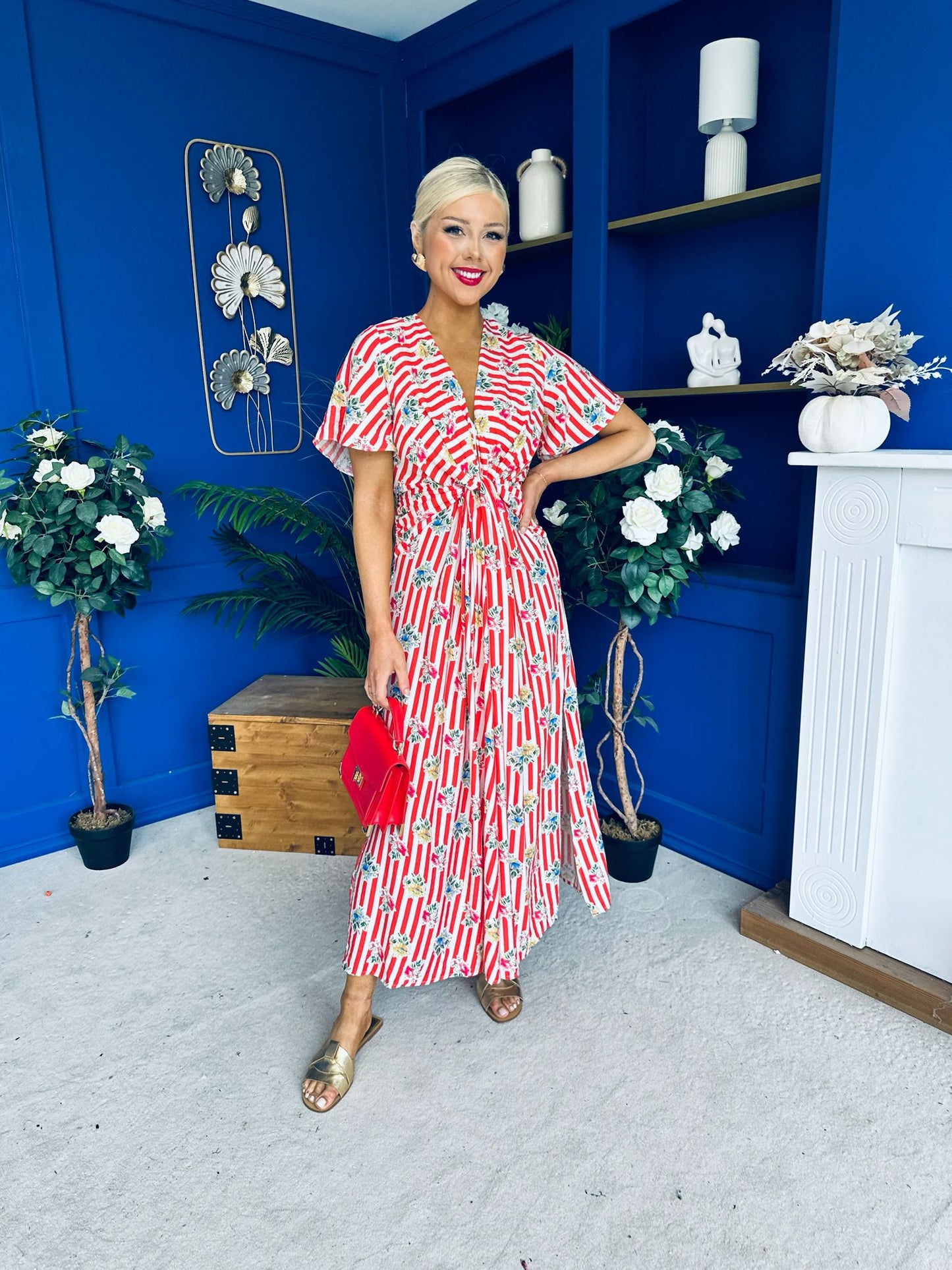 Skylar Twist Detail Midi Dress Striped Floral Red