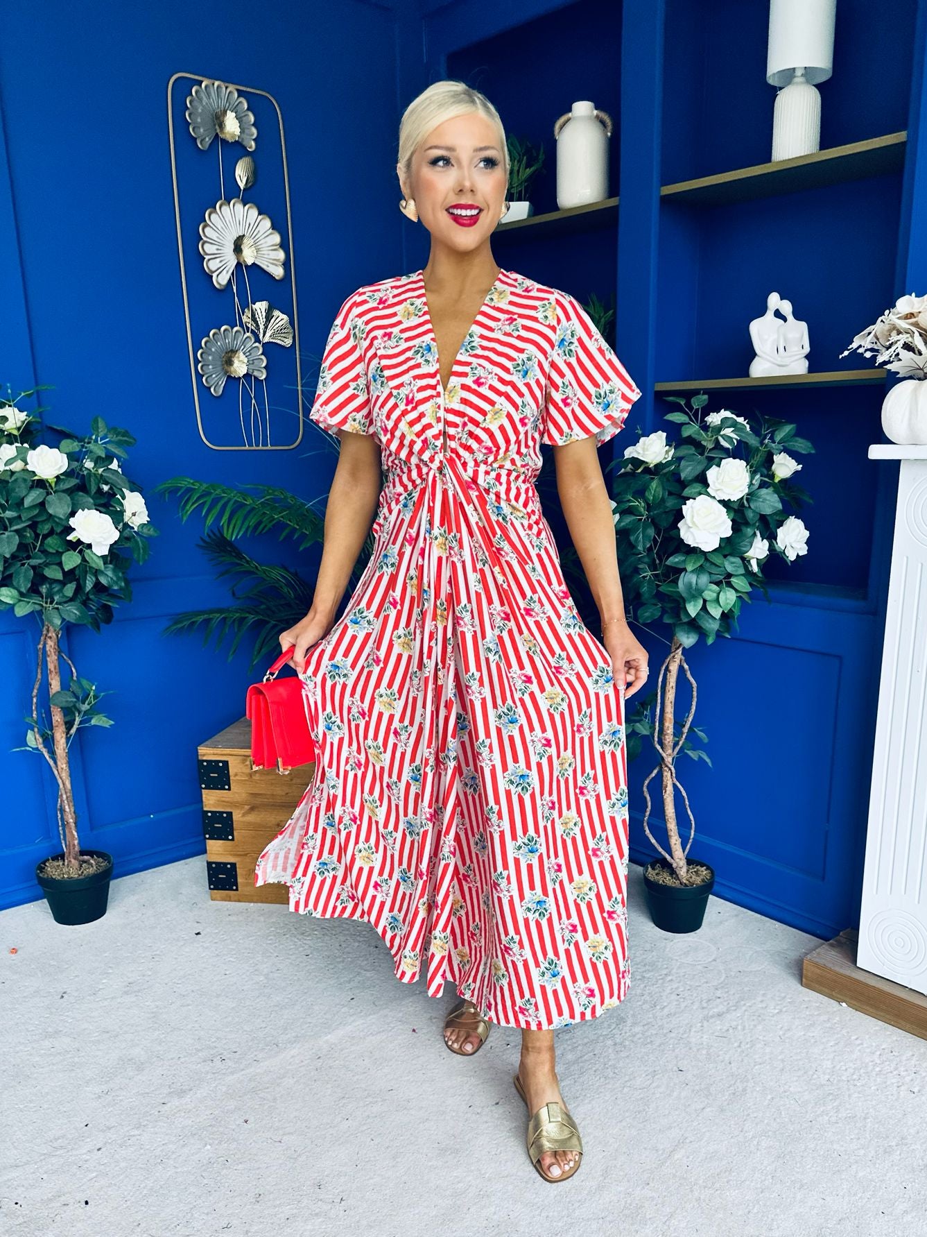 Skylar Twist Detail Midi Dress Striped Floral Red