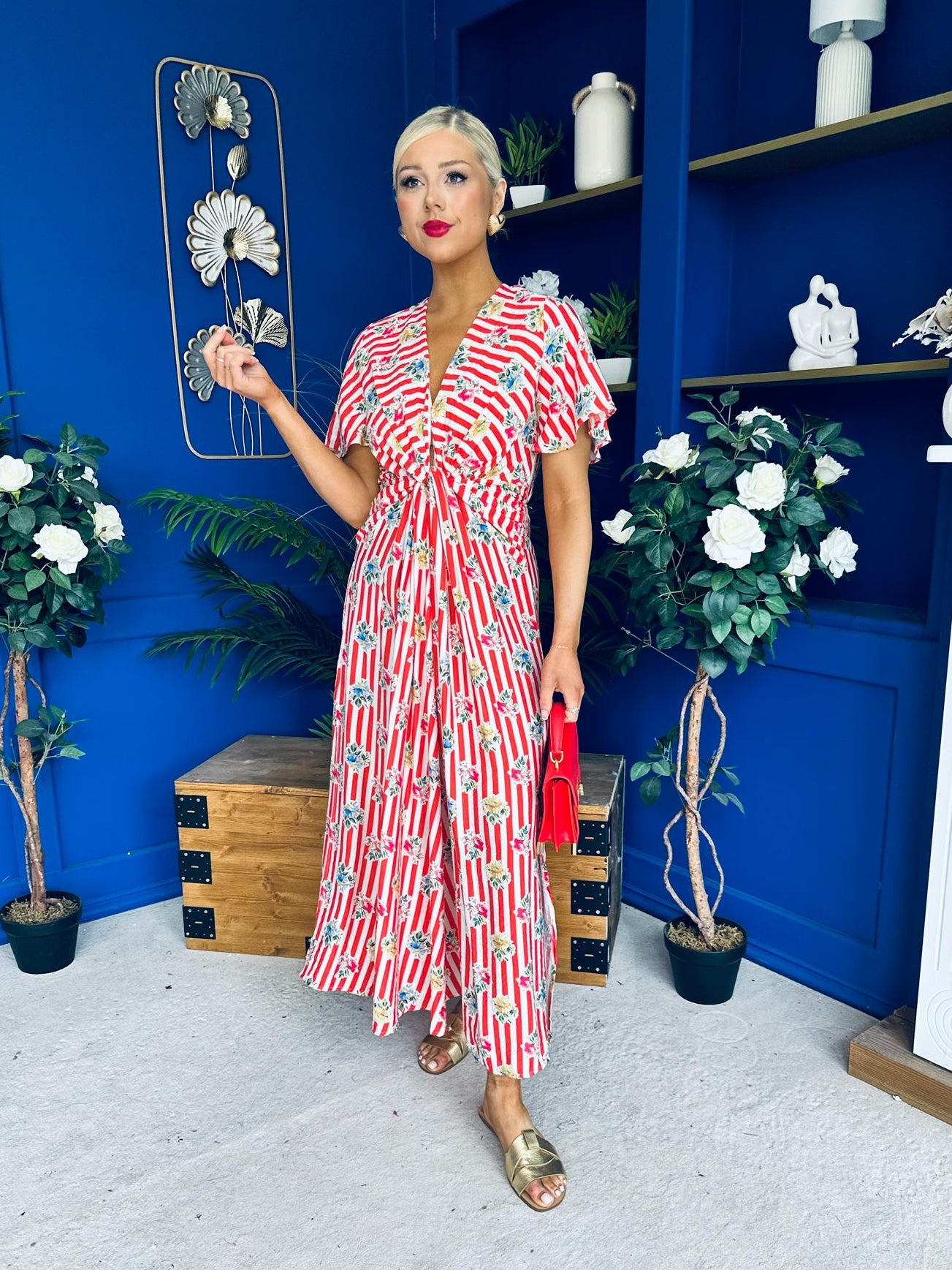 Skylar Twist Detail Midi Dress Striped Floral Red