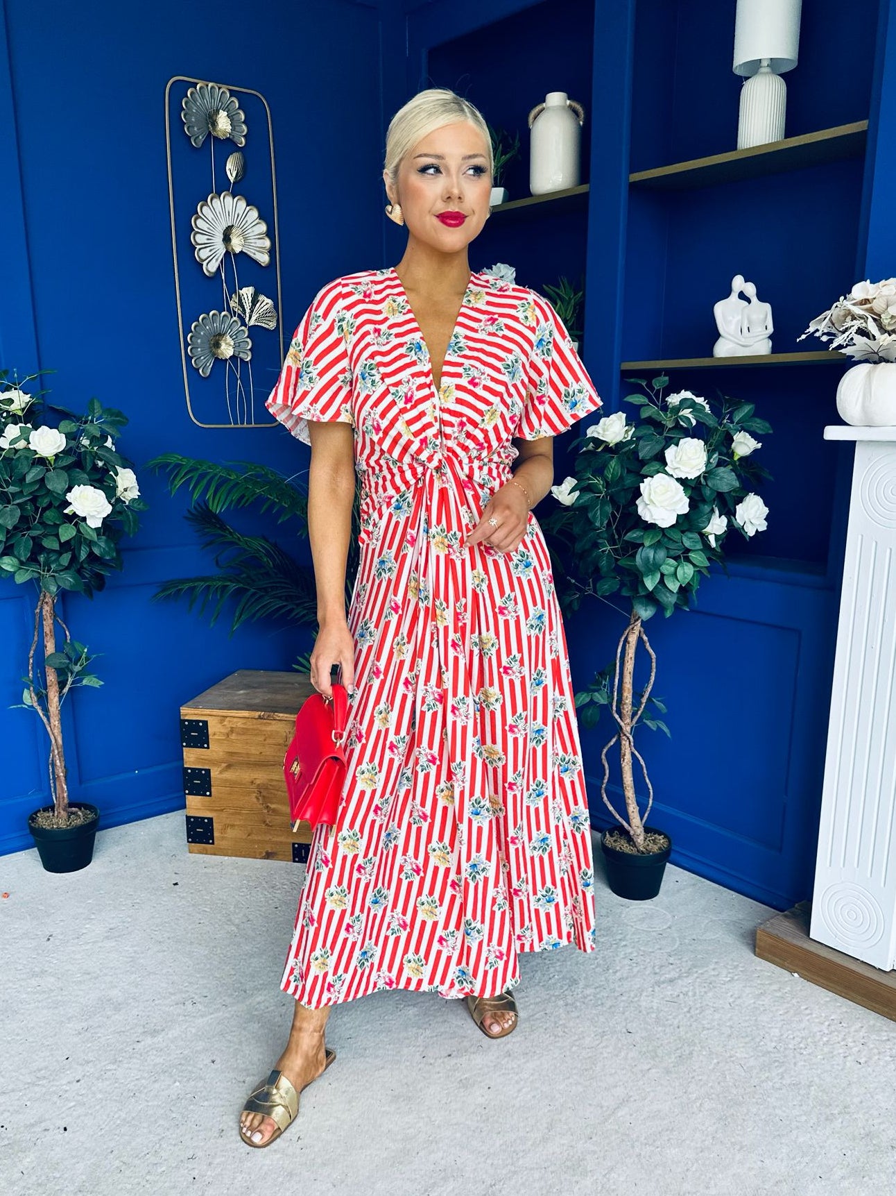 Skylar Twist Detail Midi Dress Striped Floral Red