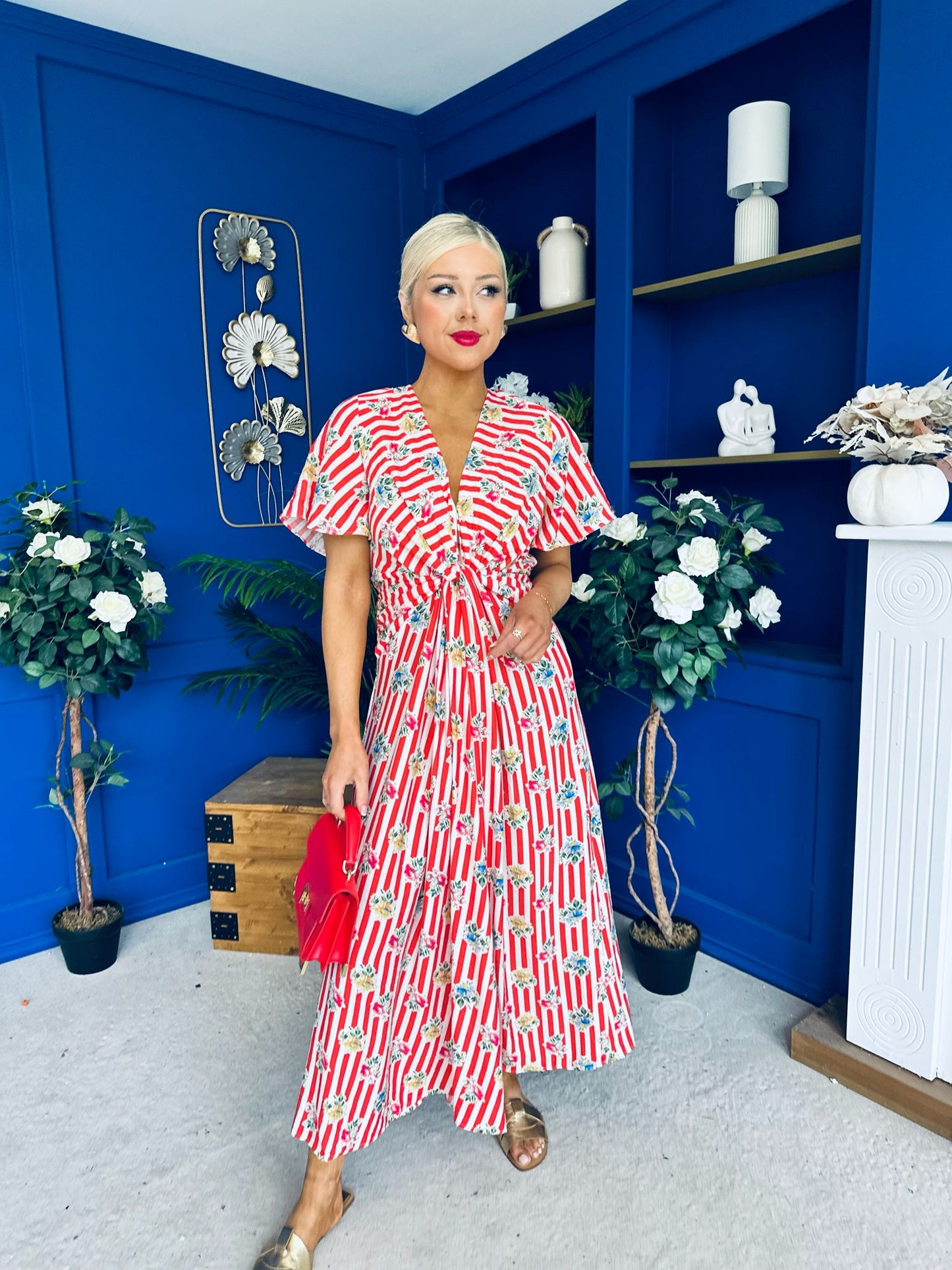 Skylar Twist Detail Midi Dress Striped Floral Red