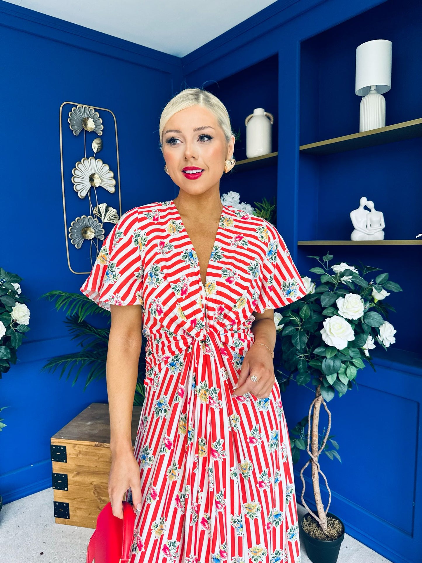Skylar Twist Detail Midi Dress Striped Floral Red