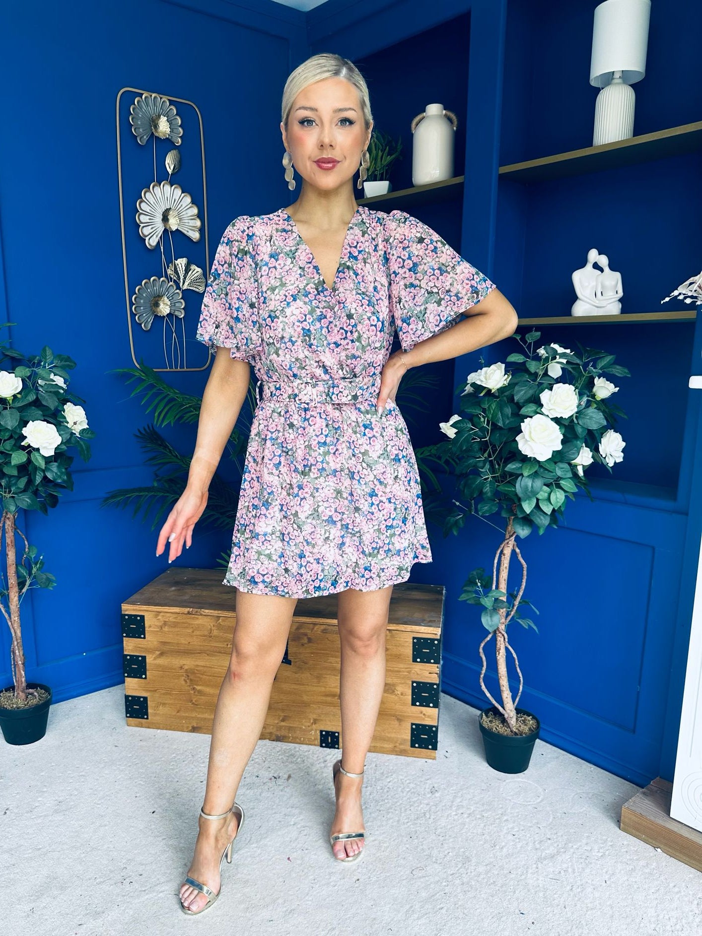Divina Belted Mini Dress Floral Blue