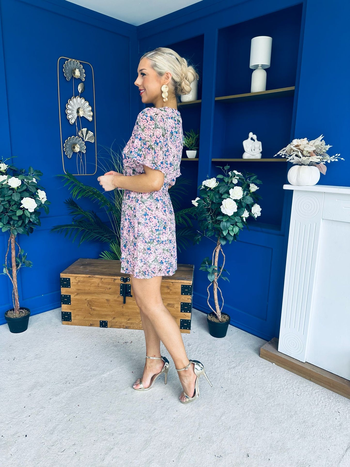 Divina Belted Mini Dress Floral Blue