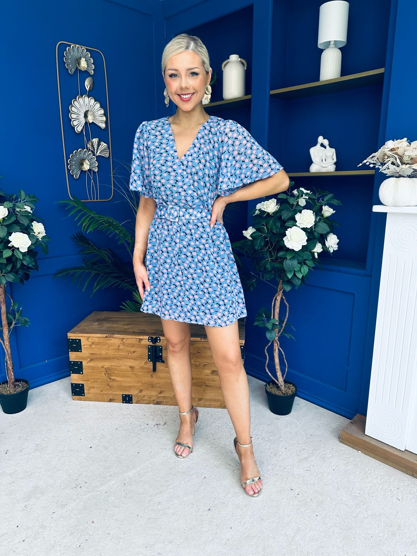 Terri Belted Mini Dress Floral Blue