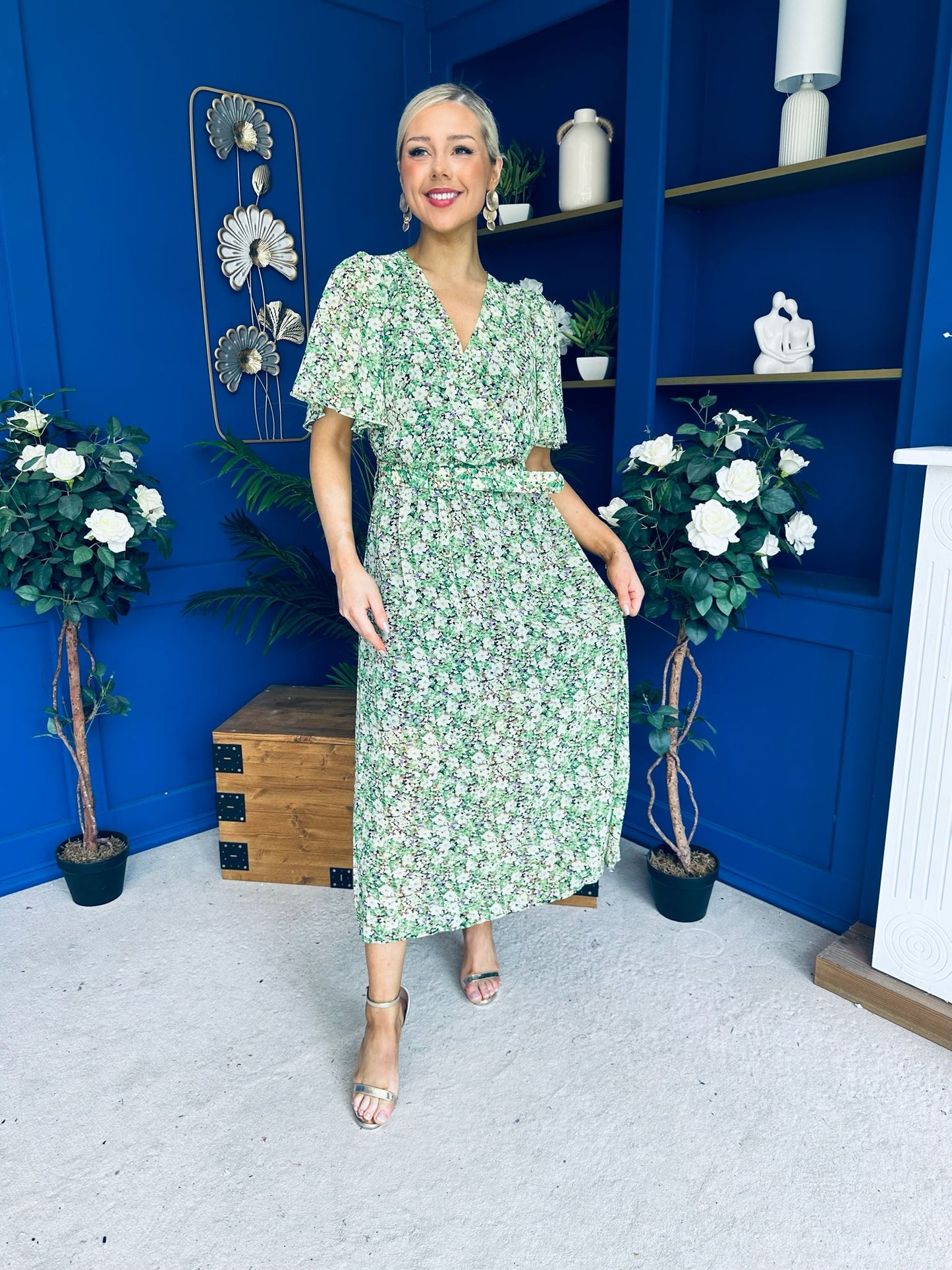 Frank Belted Midi Dress Floral Green