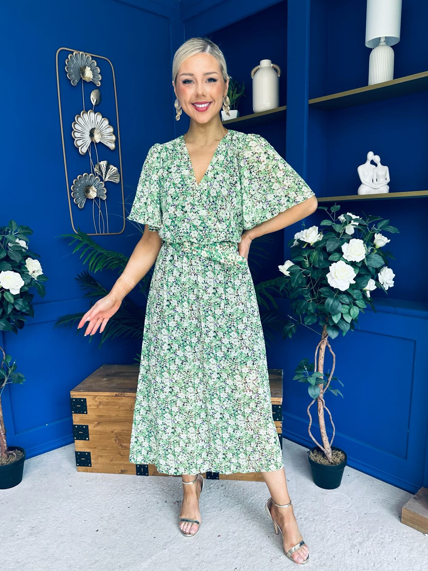 Frank Belted Midi Dress Floral Green
