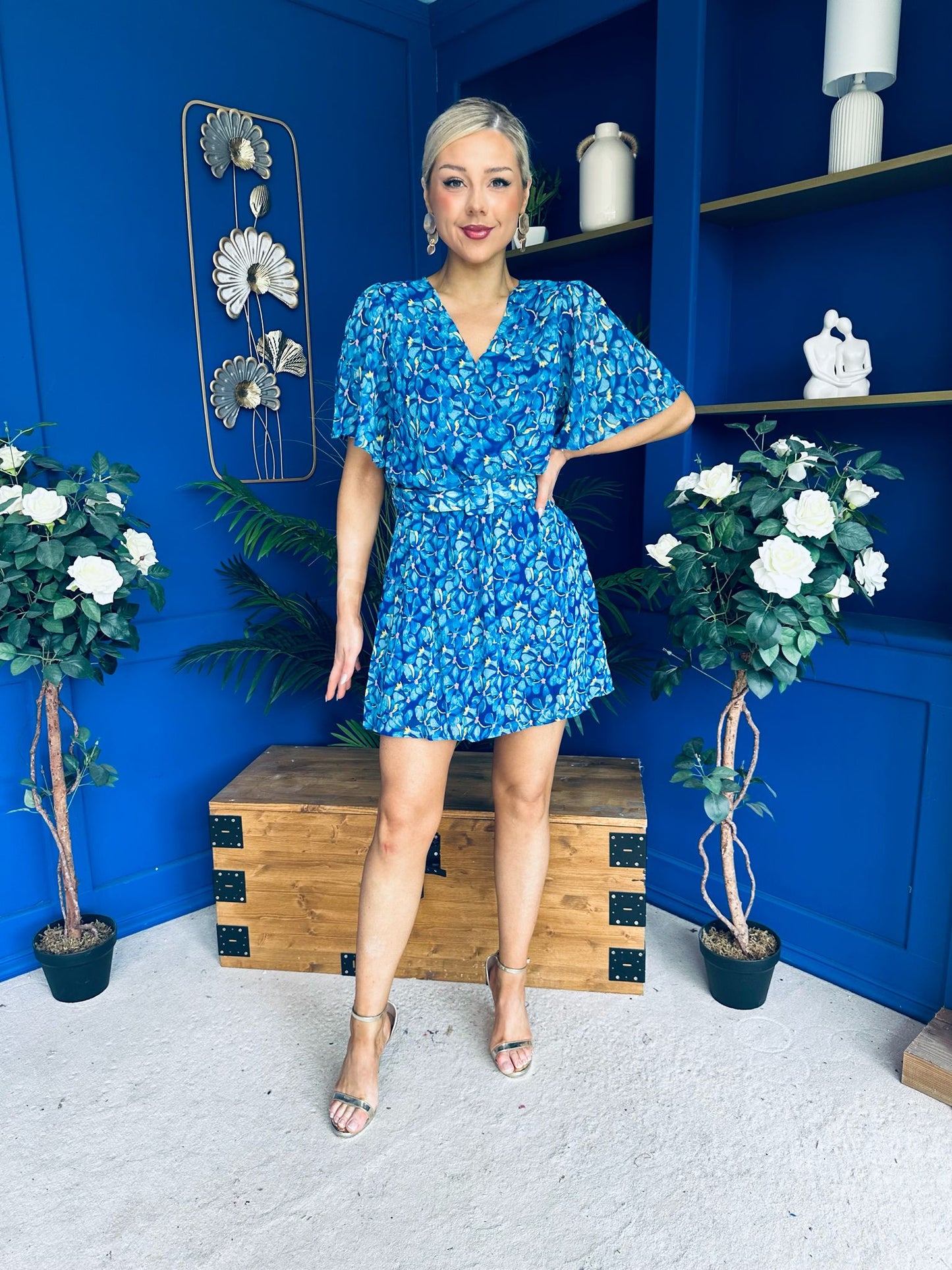 Candice Belted Mini Dress Floral Blue
