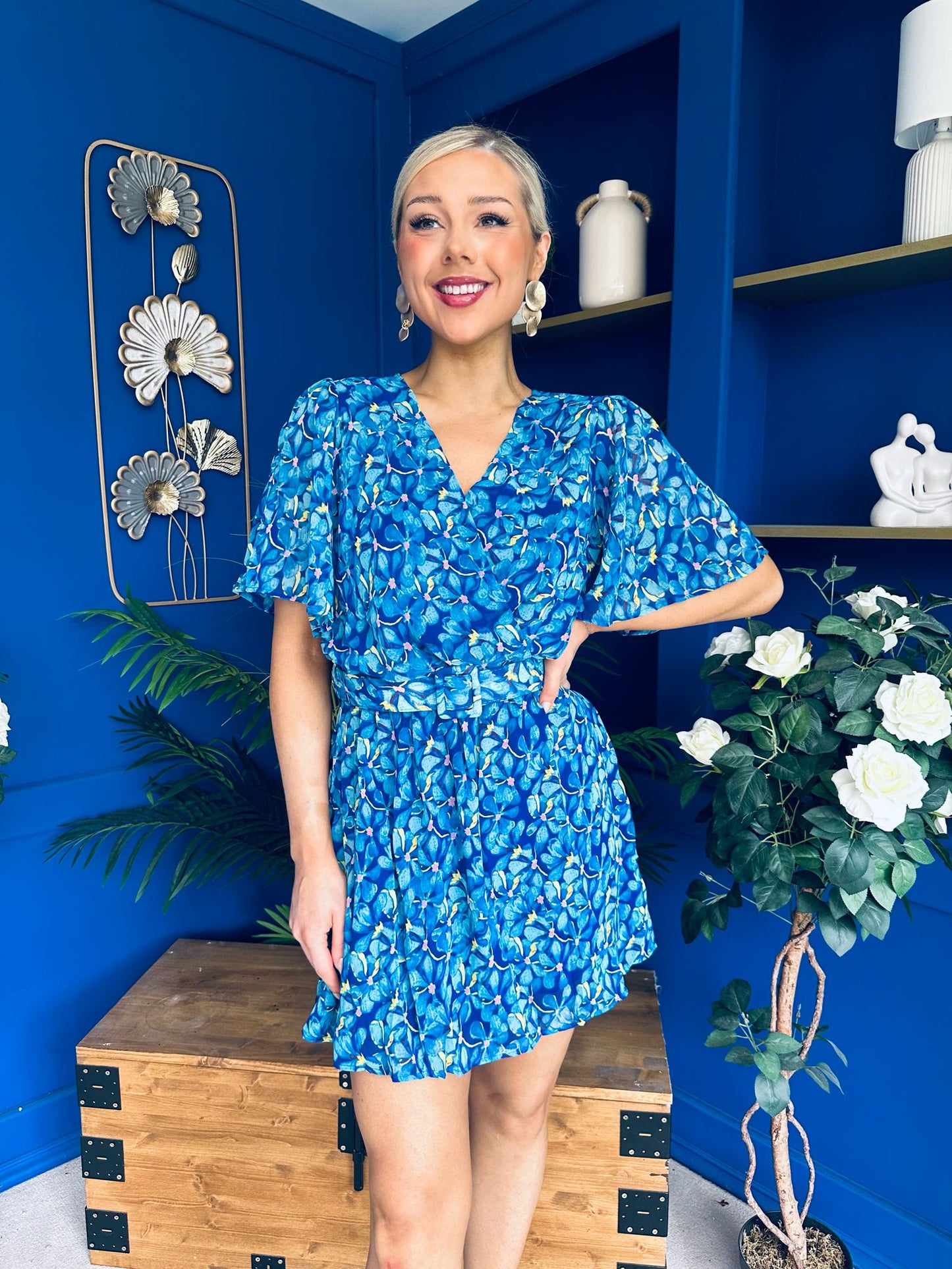 Candice Belted Mini Dress Floral Blue