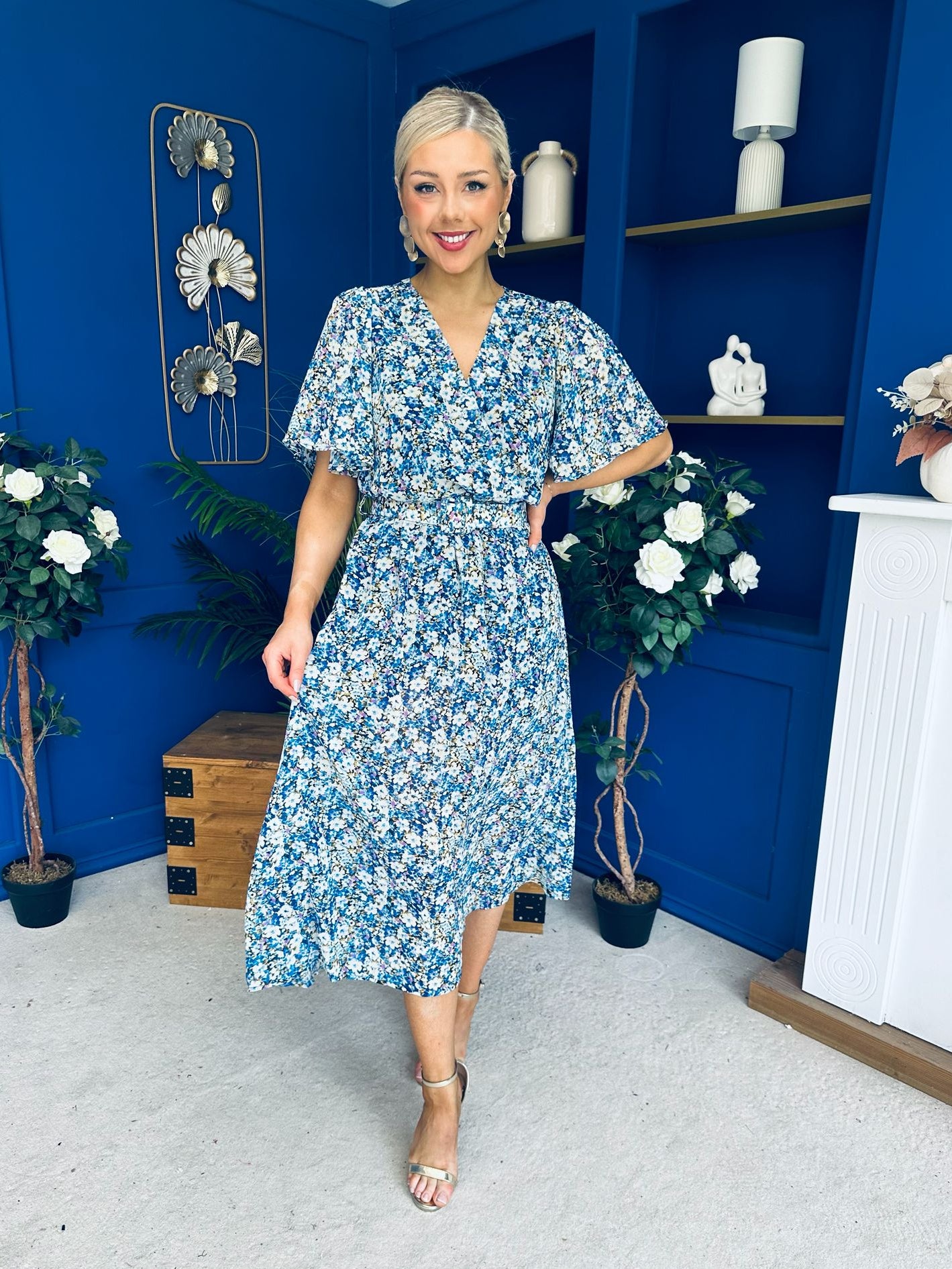 Frank Belted Midi Dress Floral Blue