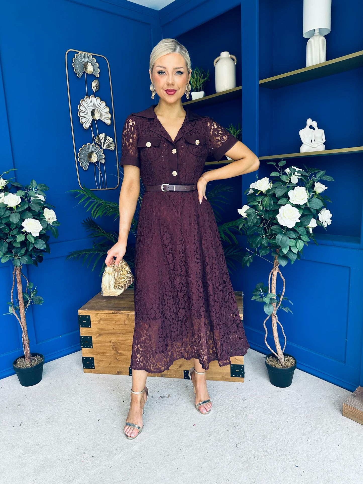 Allie Lace Detail Occasion Dress Burgundy