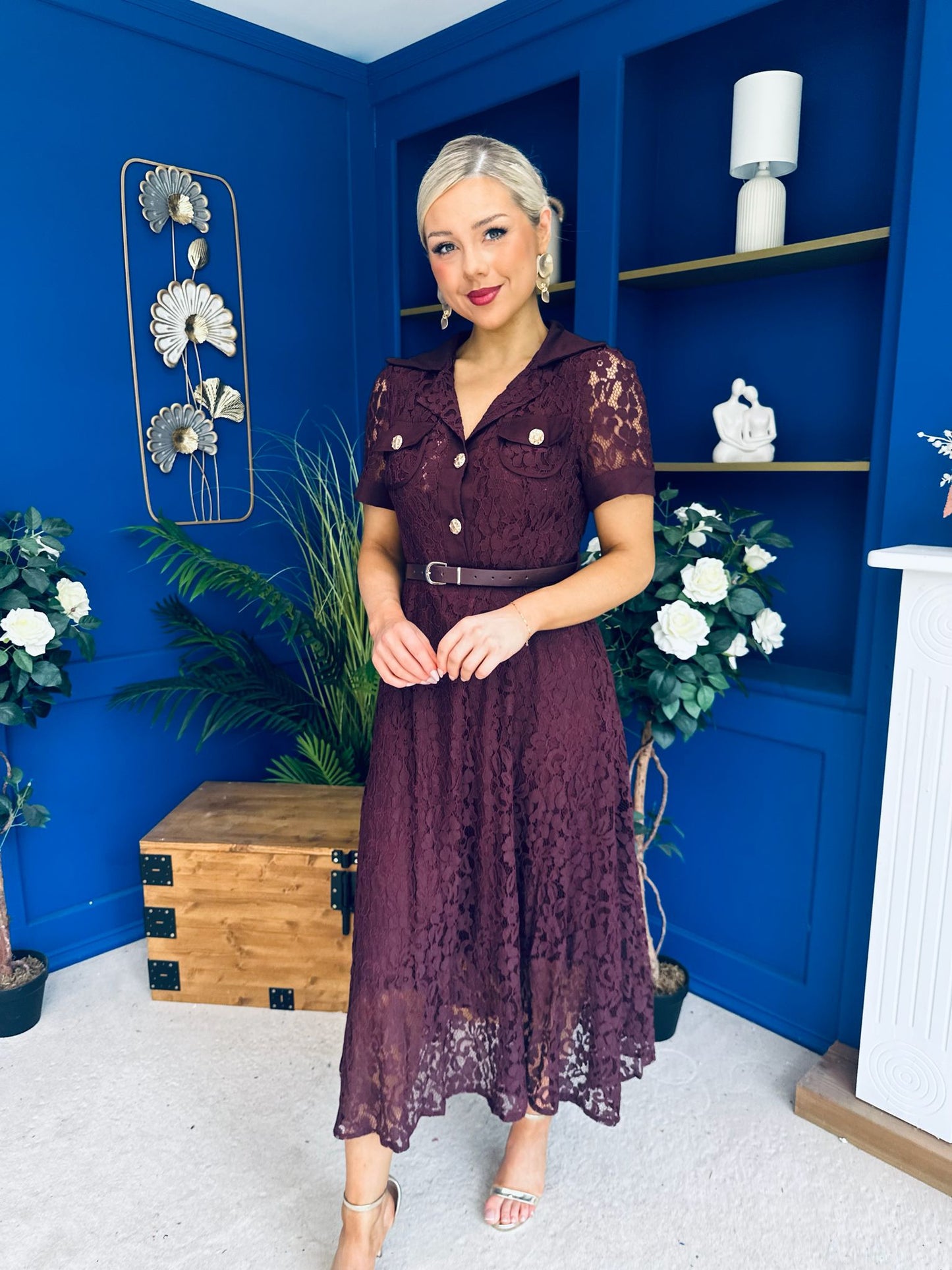 Allie Lace Detail Occasion Dress Burgundy