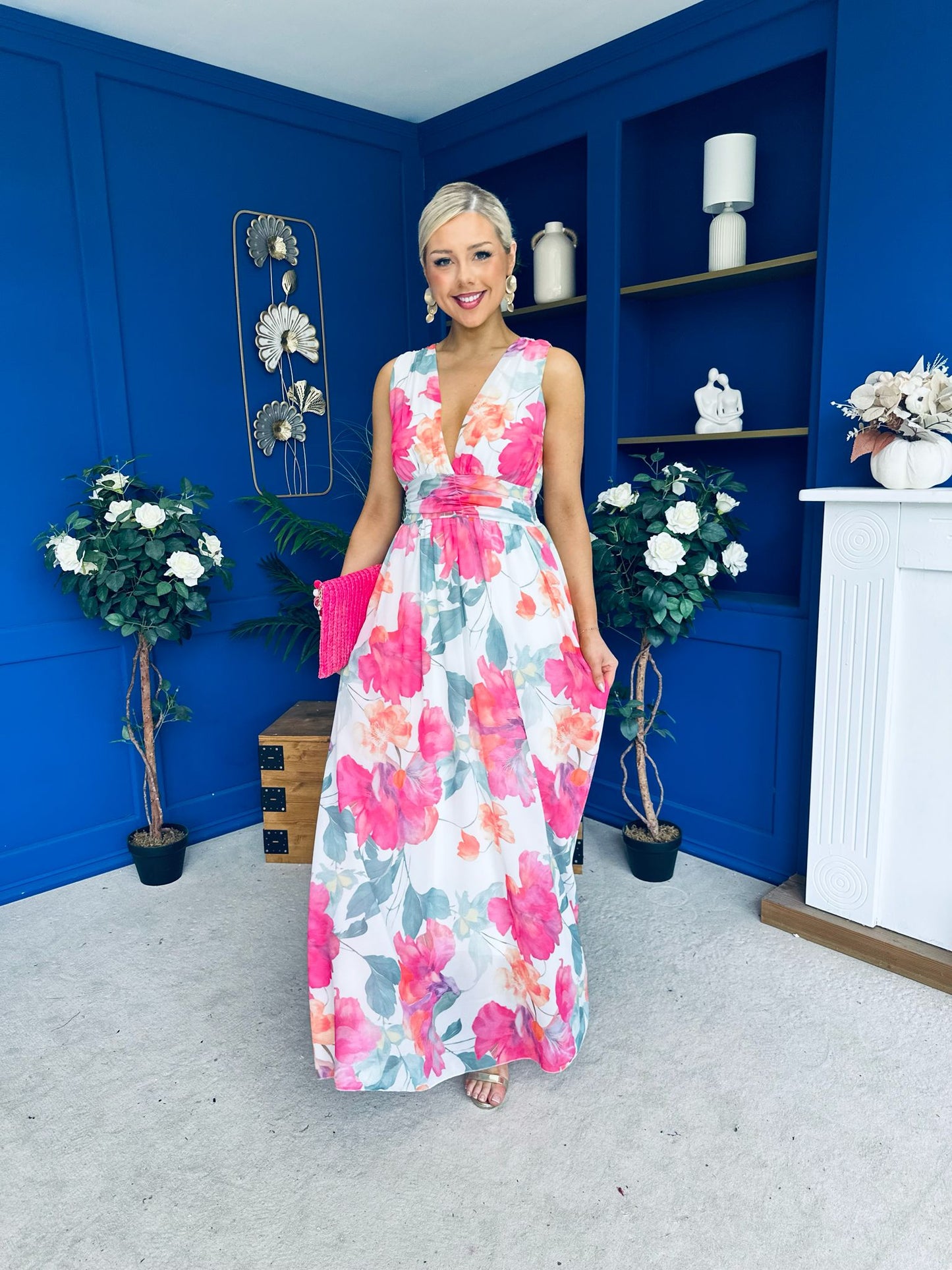 Lindsey Plunge Neck Maxi Dress Floral White