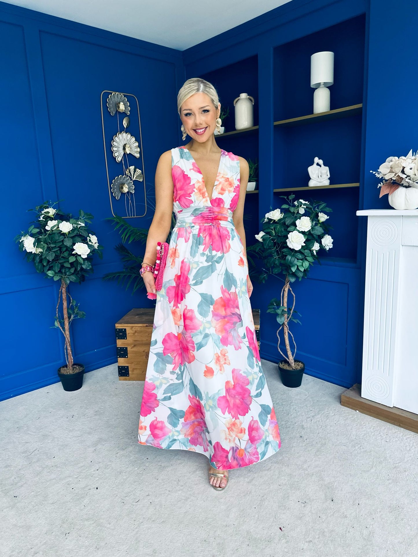 Lindsey Plunge Neck Maxi Dress Floral White
