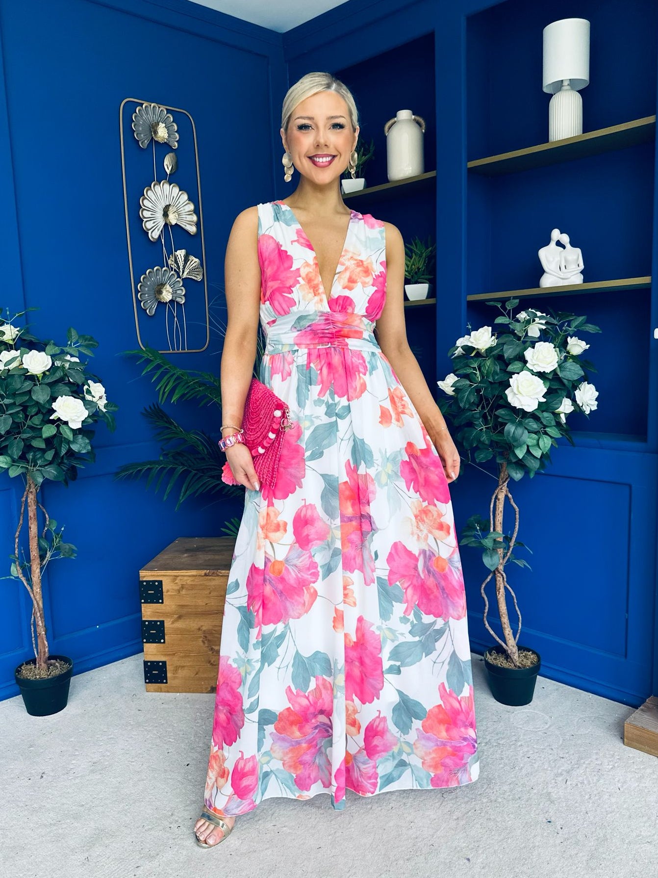 Lindsey Plunge Neck Maxi Dress Floral White