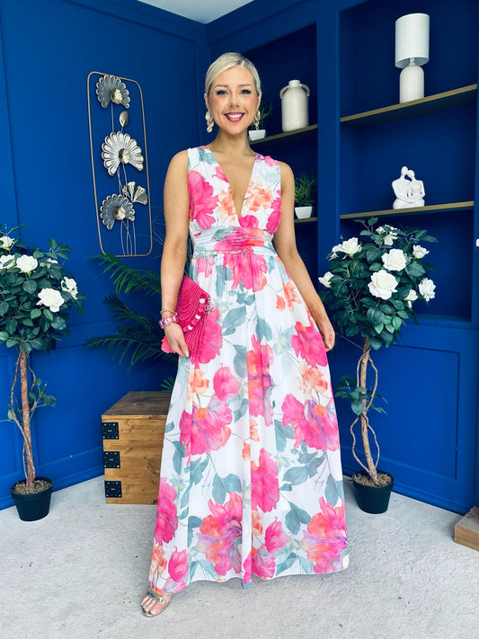 Lindsey Plunge Neck Maxi Dress Floral White