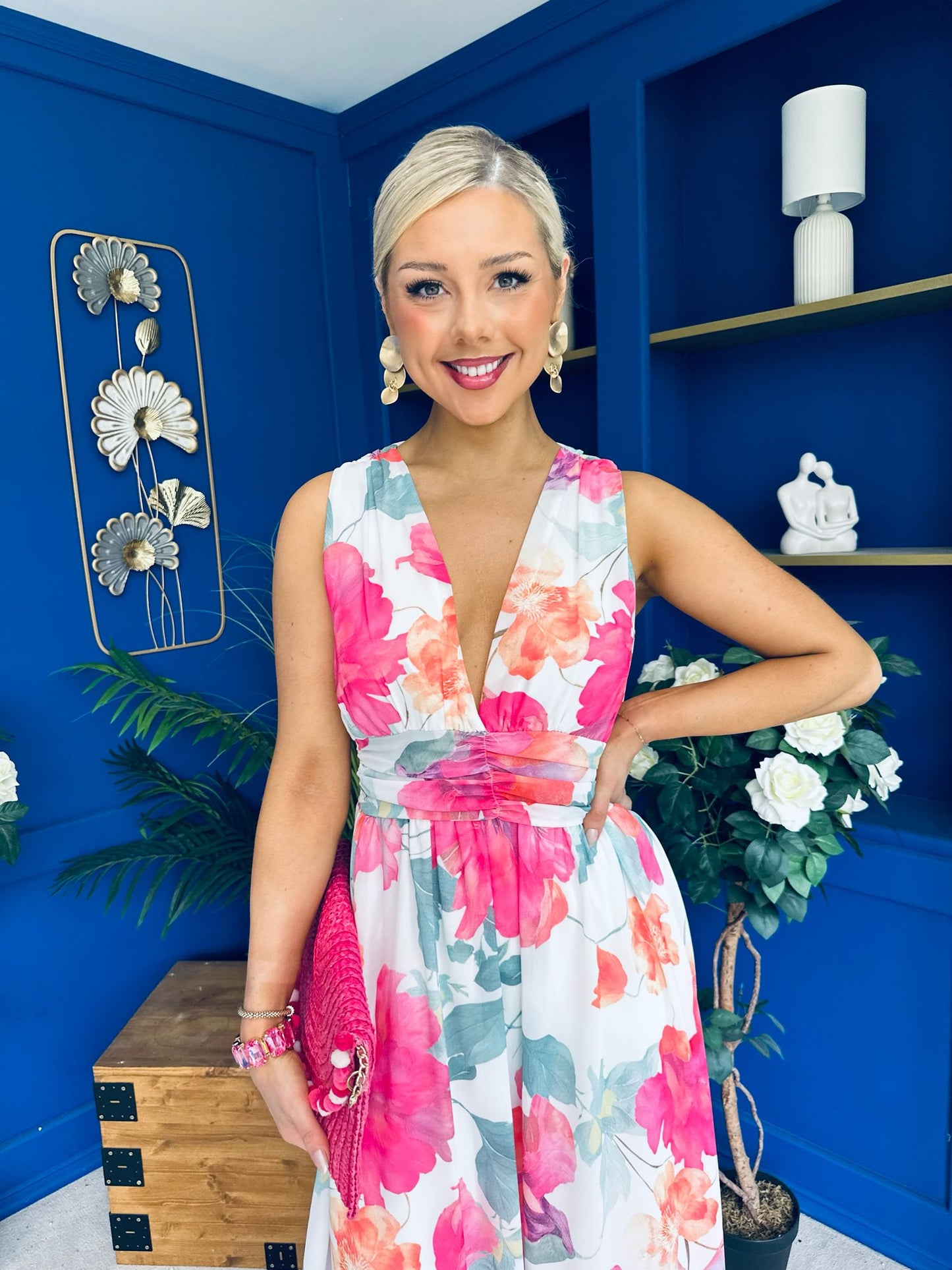 Lindsey Plunge Neck Maxi Dress Floral White