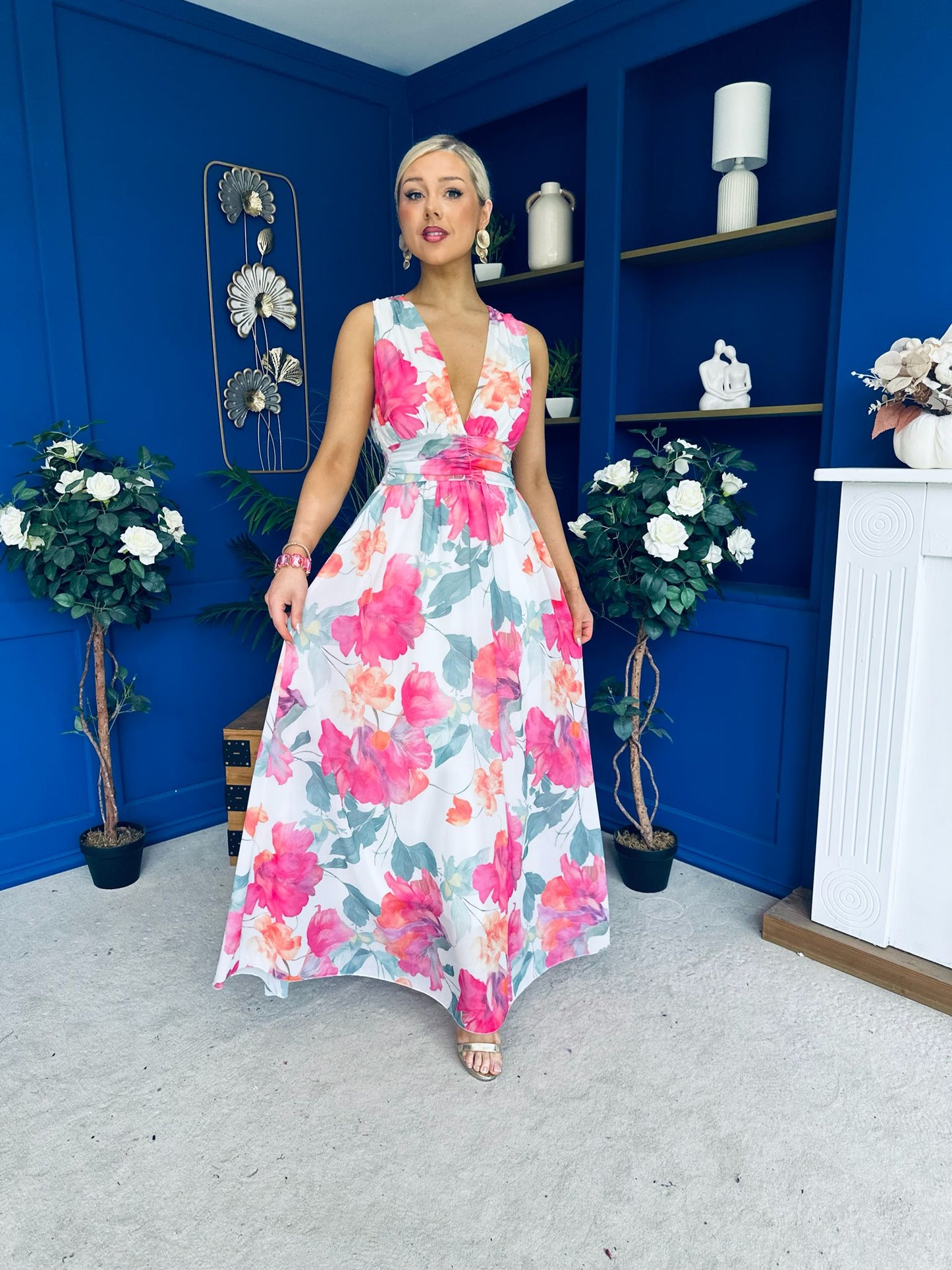 Lindsey Plunge Neck Maxi Dress Floral White