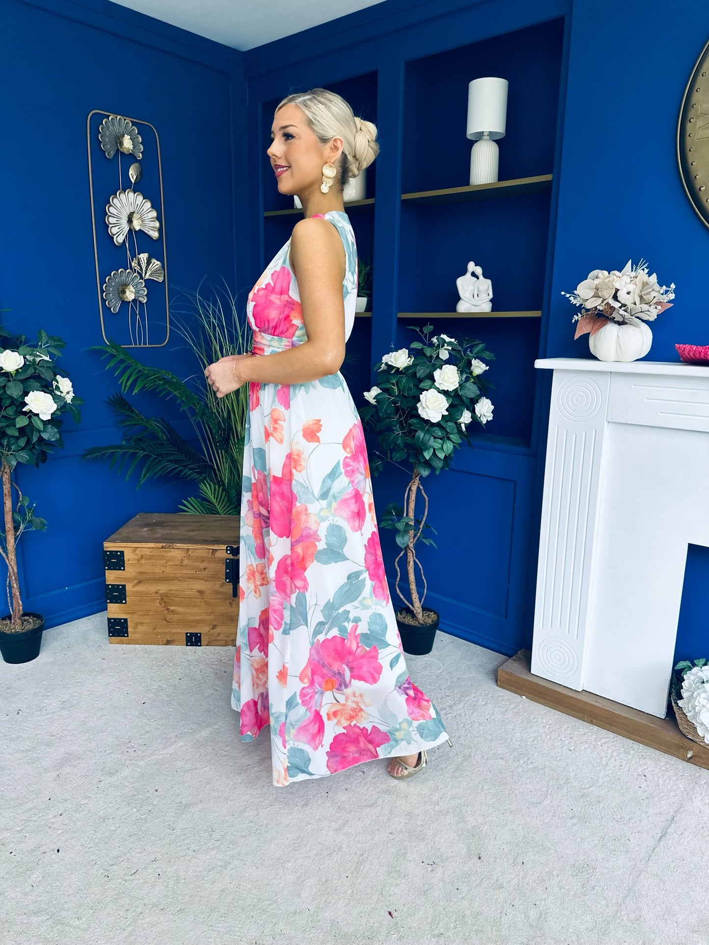 Lindsey Plunge Neck Maxi Dress Floral White