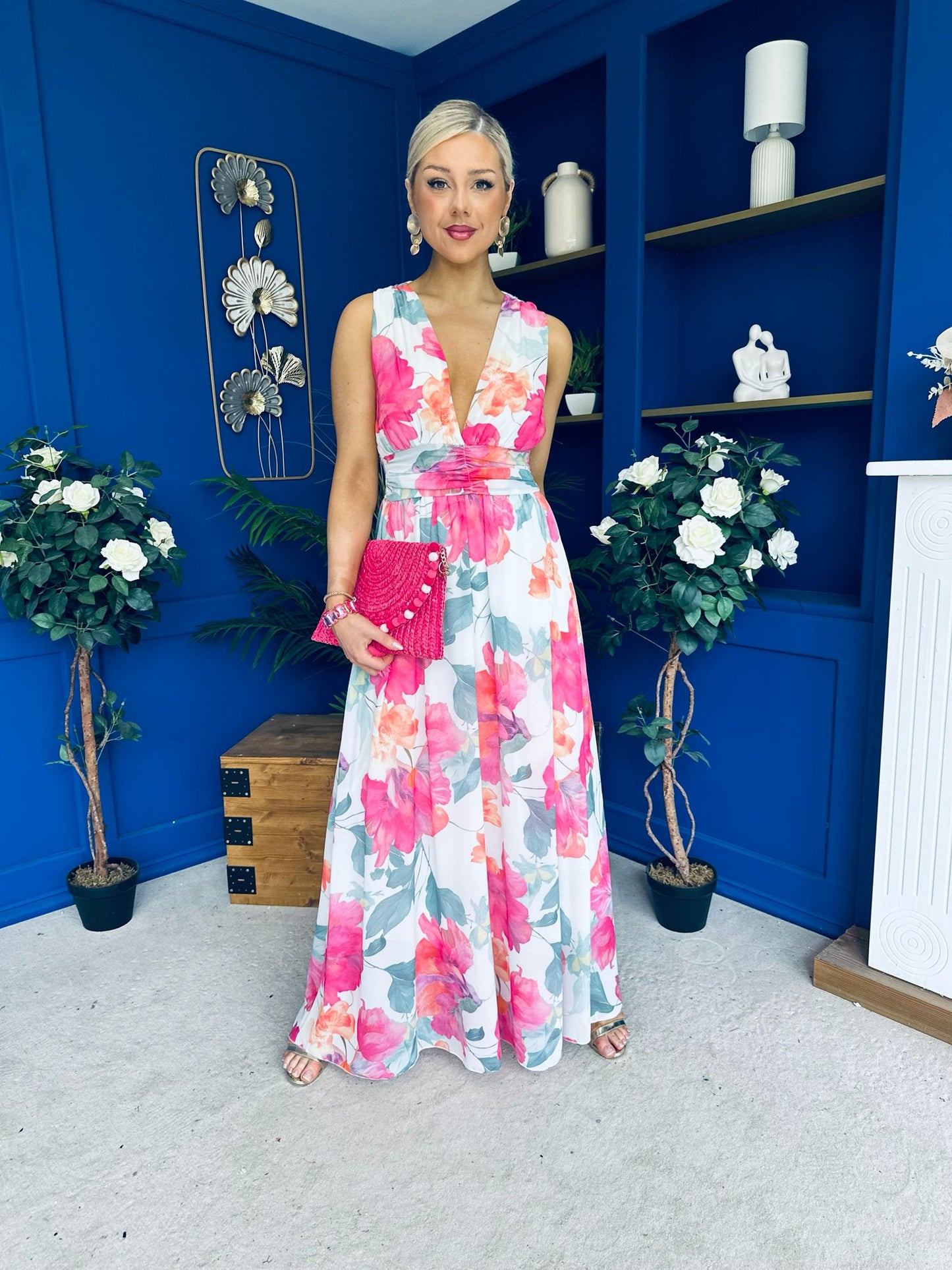 Lindsey Plunge Neck Maxi Dress Floral White