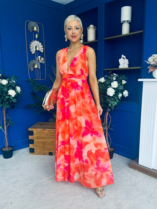 Lindsey Plunge Neck Maxi Dress Floral Coral