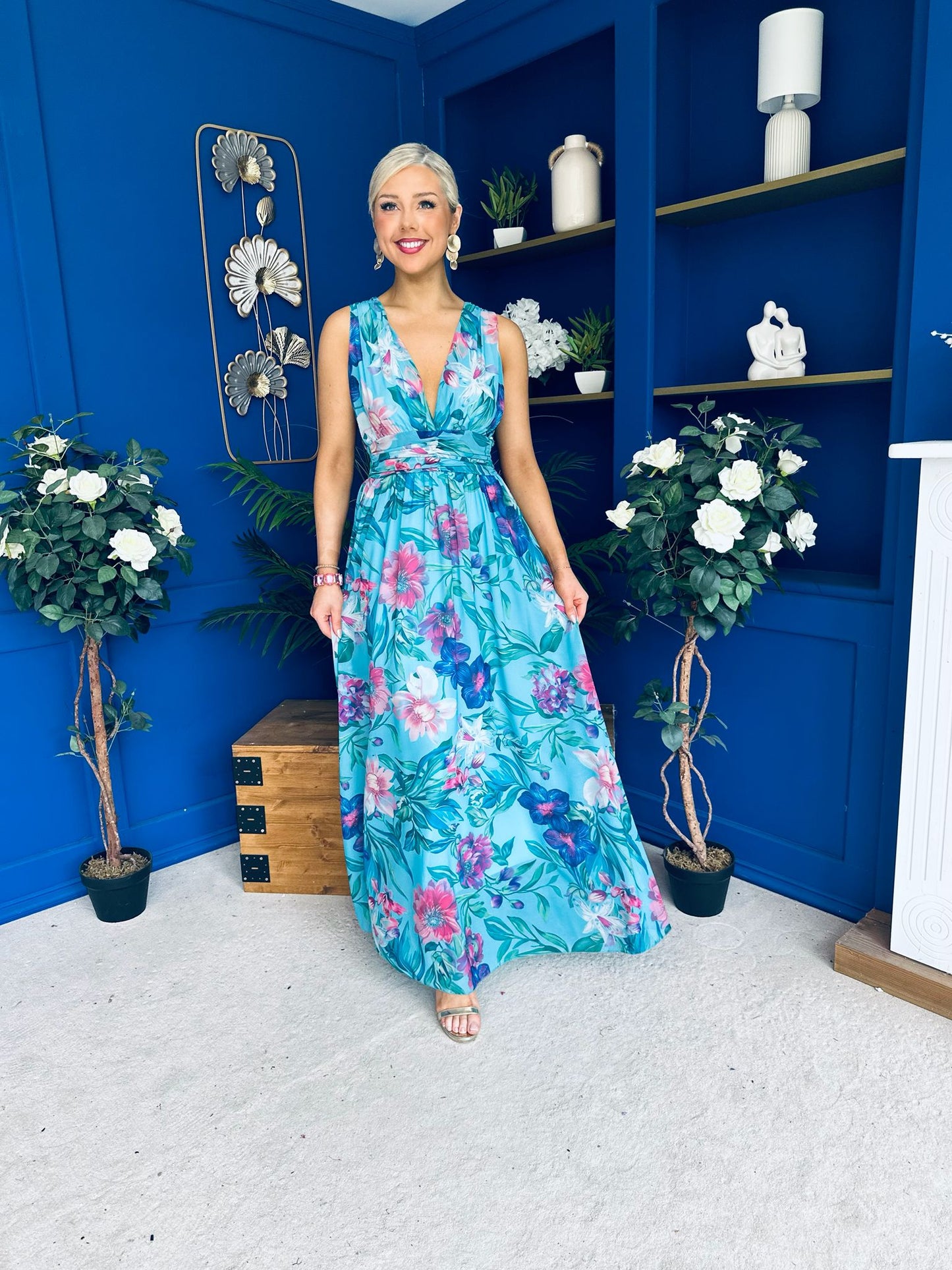 Lindsey Plunge Neck Maxi Dress Floral Blue