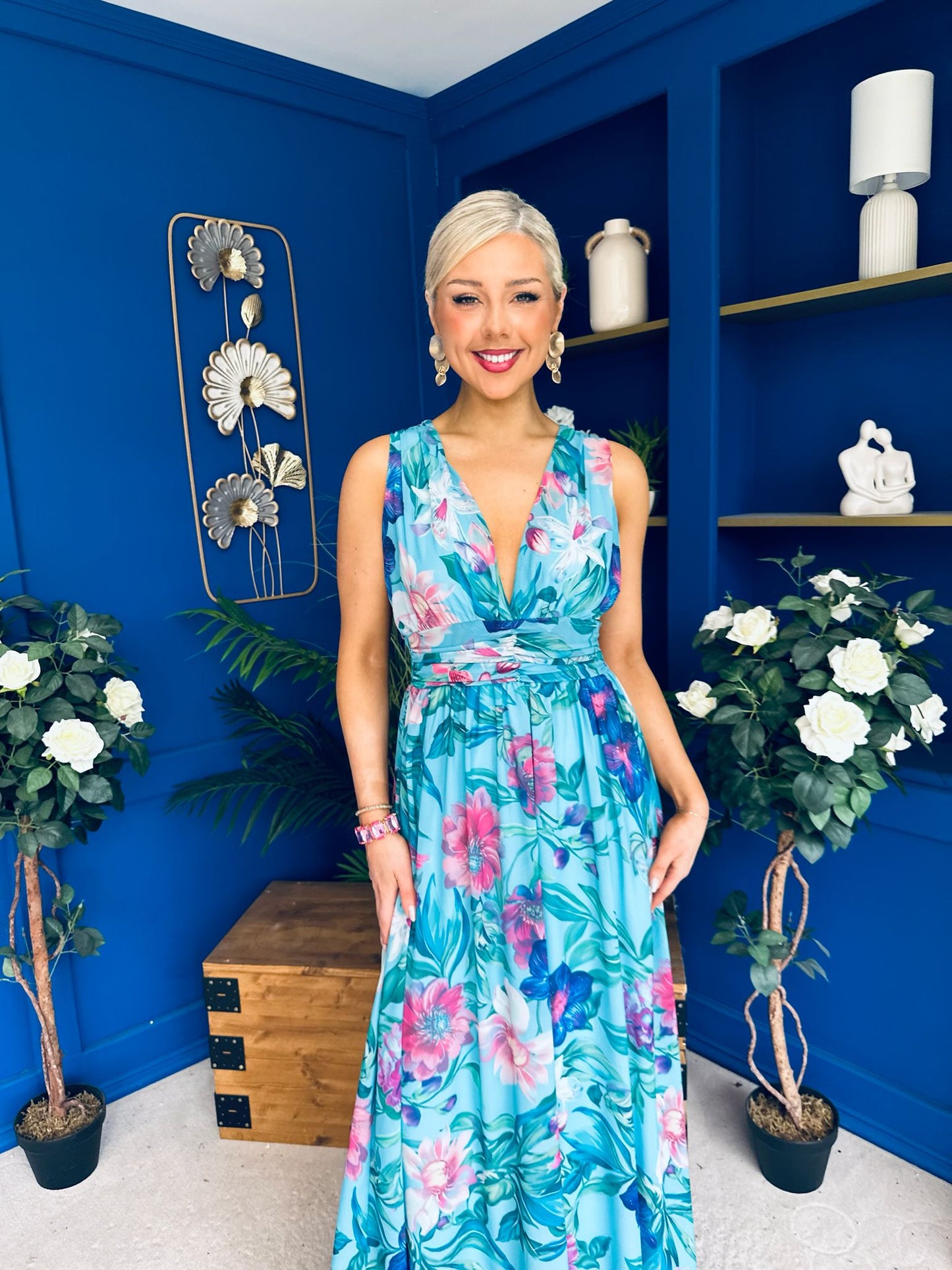Lindsey Plunge Neck Maxi Dress Floral Blue