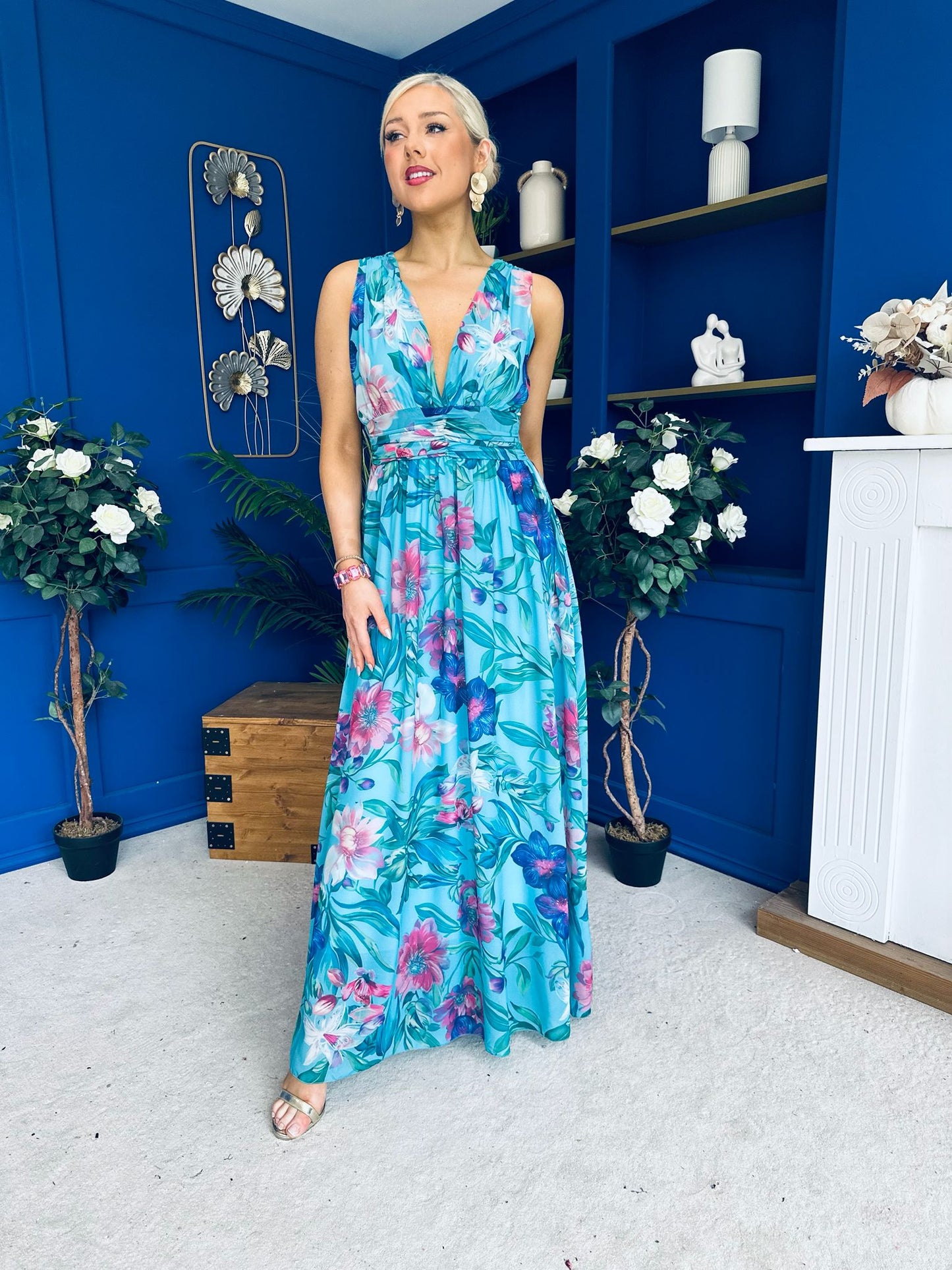 Lindsey Plunge Neck Maxi Dress Floral Blue