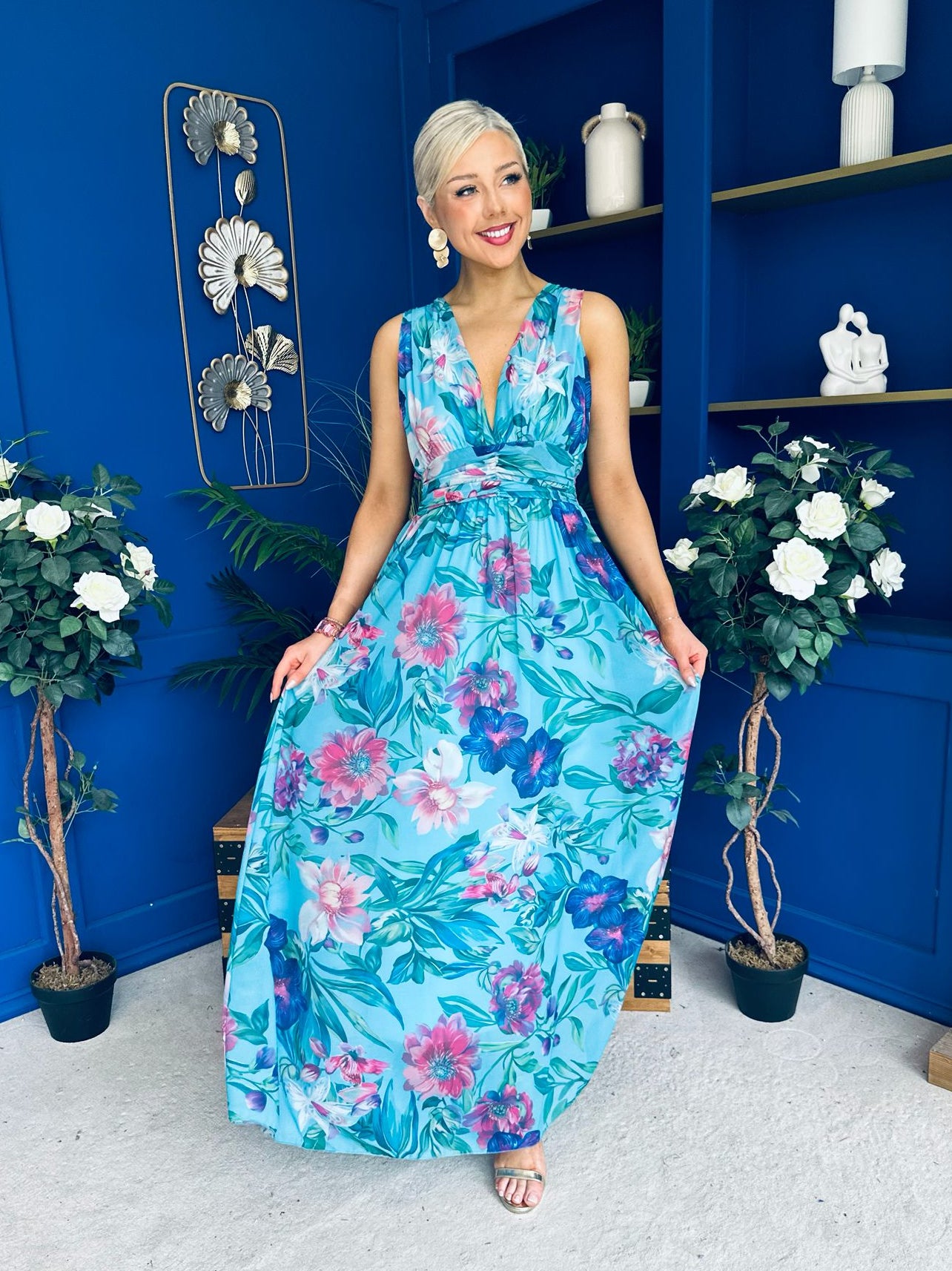 Lindsey Plunge Neck Maxi Dress Floral Blue